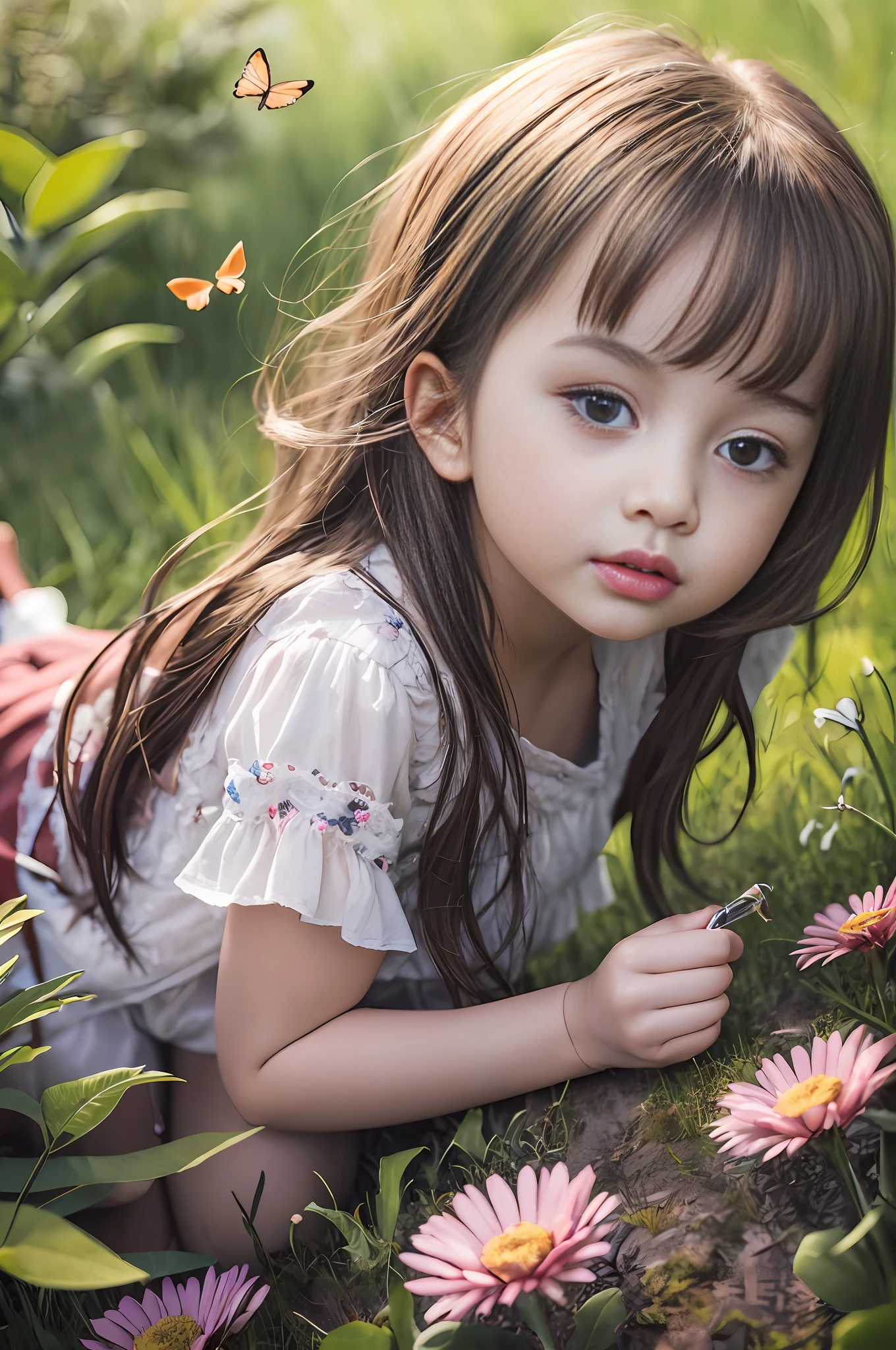 High Detail, Ultra Detail, 8K, Ultra High Resolution A cute and innocent girl, child, toddler, enjoying her time in the open field, surrounded by the beauty of nature, warm sun sprinkling on her, wildflowers gently swaying in the breeze. Butterflies and birds flutter around her, adding to the playful atmosphere,