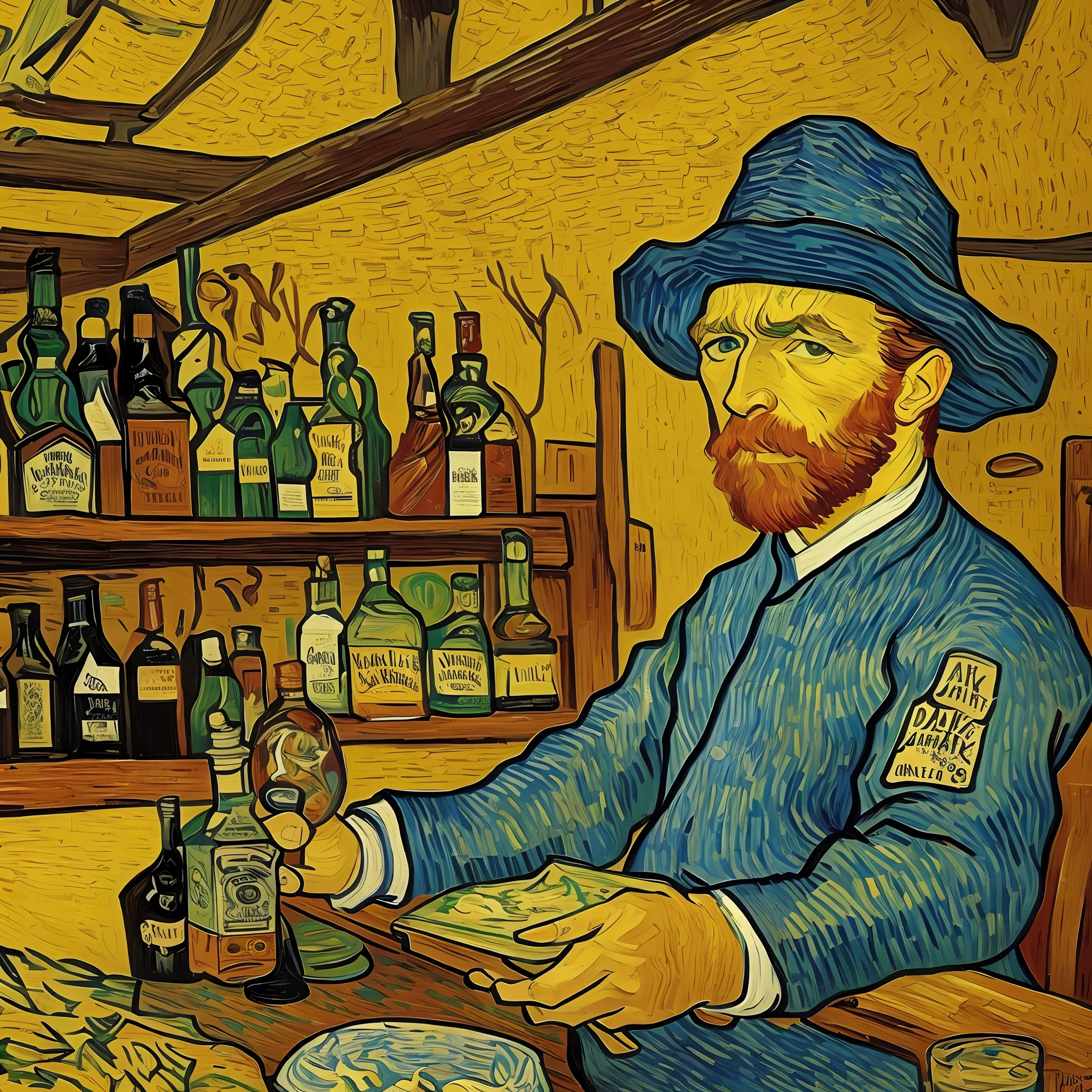van gogh sentado em uma taverna medieval segurando uma garrafa de jack daniels virando em um copo