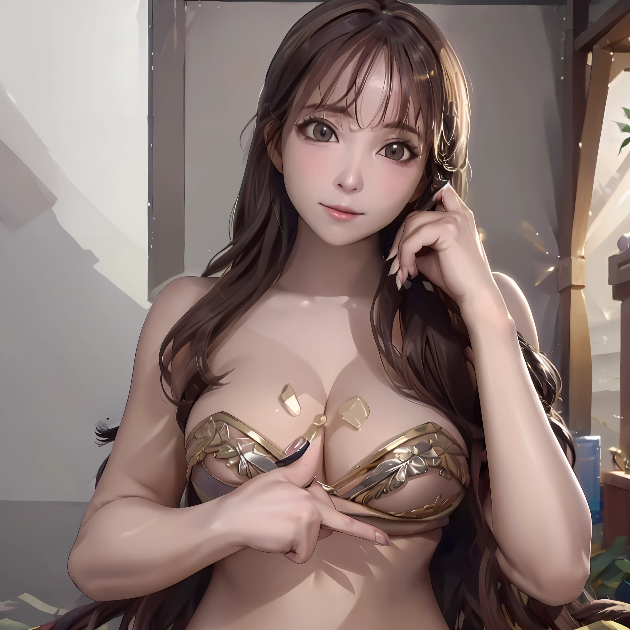 21-year-old girl,Cleavage small breasts,nice breasts,highlydetailed skin,Hi-Def,to stand,semi-nude,sexy cleavage,tease,Tall pores are visible,intricated,masterpaintings,HighestQuality