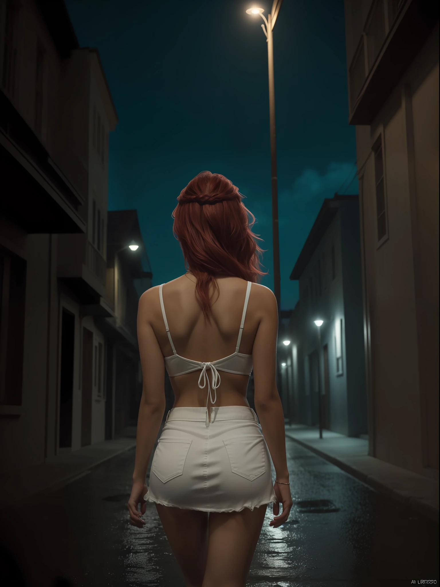 It's dark night, (Rosto realista, pele humana), (cabelos azuis e vermelhos, curtos), (Boca deliciosa, Eyelashes and eyes realistic 8k), A 30-Year-Old Woman Stands at the Window Looking at the Street in the Dark, (rugas da idade), It's Night and After the Rain, rua molhada. The lonely street lamp provides little light. The woman is dressed only in a white top and a short blue denim skirt, ((Under the skirt round buttocks are visible,), (Sob o top transparente os seios redondos, mamilos se destacam), O cabelo molhado gruda em seu rosto, (obra-prima:1.2) (fotorrealista: 1.2) (melhor qualidade) (detalhes intrincados) (8k) (Postes altos) (ray tracing), (sharp fokus), (texturas naturais da pele),Linda (mulher Ruiva com sardas), Bonito, 30 anos. (Plano geral), ((noite de chuva)), (night sky).(andando numa rua escura e deserta), (Walking towards a forest), ((cabelos muito curtos, 8k)), (pele detalhada e com pintas), (abdome nu), fotografia realista, (cintura perfeita), (roupa translucida e calcinha cavada provocante), stringbikini, (Top Transparente), ((roupa molhada)), (Chuva fina), (andando numa trilha), obra-prima, realista, Realismo, Rendering, baixo contraste, (noite tenebrosa), luzes da cidade ao fundo, desfoque, abertura 1.6, foco, (cores suaves), low saturation, digital art realistic photography trend in Artstation 8k HD realistic high definition detailed, detalhado, textura da pele, hiper detalhado, textura de pele realista, (Background, uma mata fechada), (a noite), (Escuro) melhor qualidade, ultra high-resolution, (fotografiarrealista: 1.4),, alta resolução, detalhado, fotografia crua, Sharp, by Lee Jeffries Nikon D850 film Stock Photography 4 Kodak Portra 400 camera F1.6 Lens Rich Colors Hyper Realistic Texture Dramatic Lighting Trend Unrealengine on ArtStation Cinestill 800,