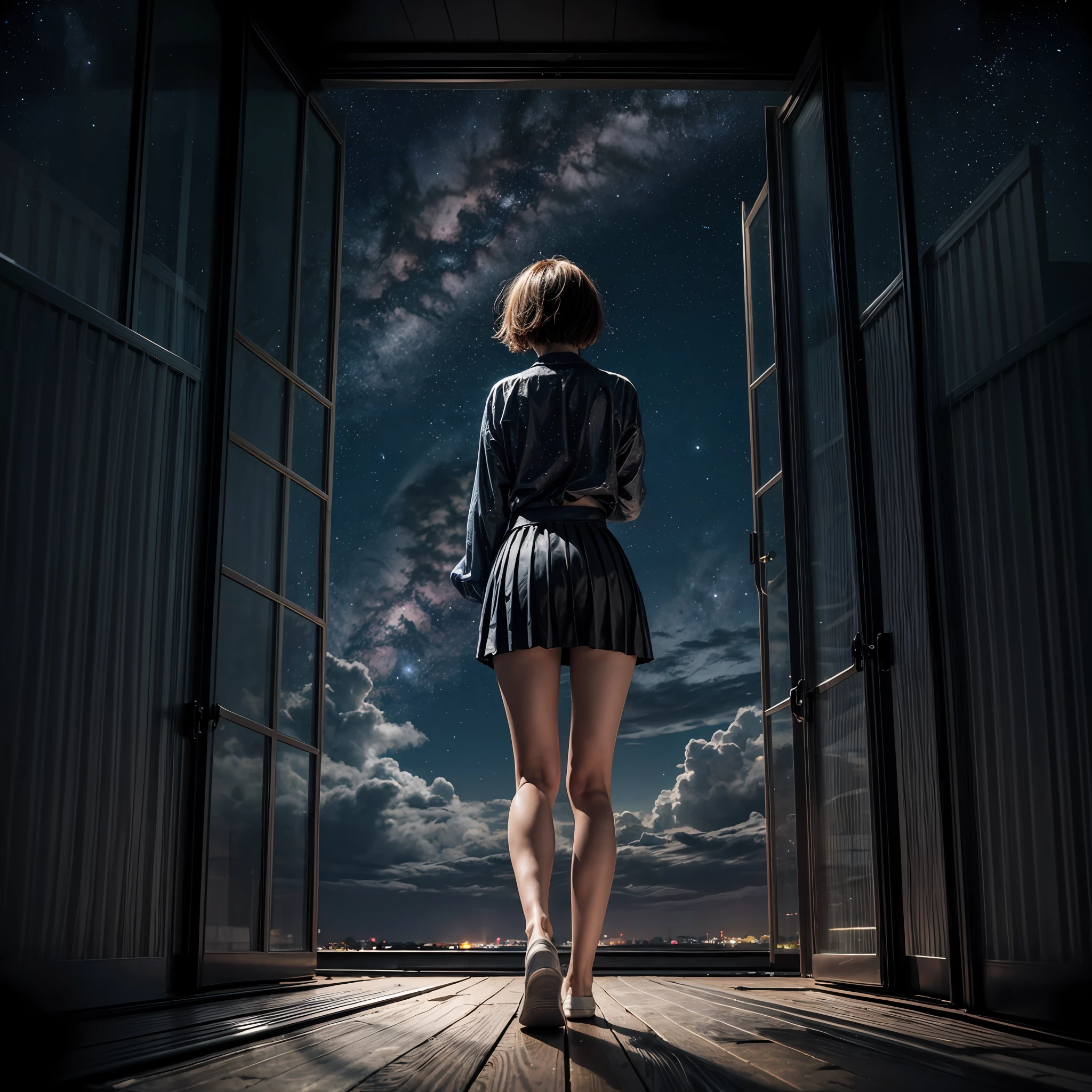 largewindow,full body,front,1girl,(open legs:1.3),(skirt,:1.3),(standing:1.1),(short hair:1.4),(night , starry sky: 1.3), city, long hair, sliding doors, solo,