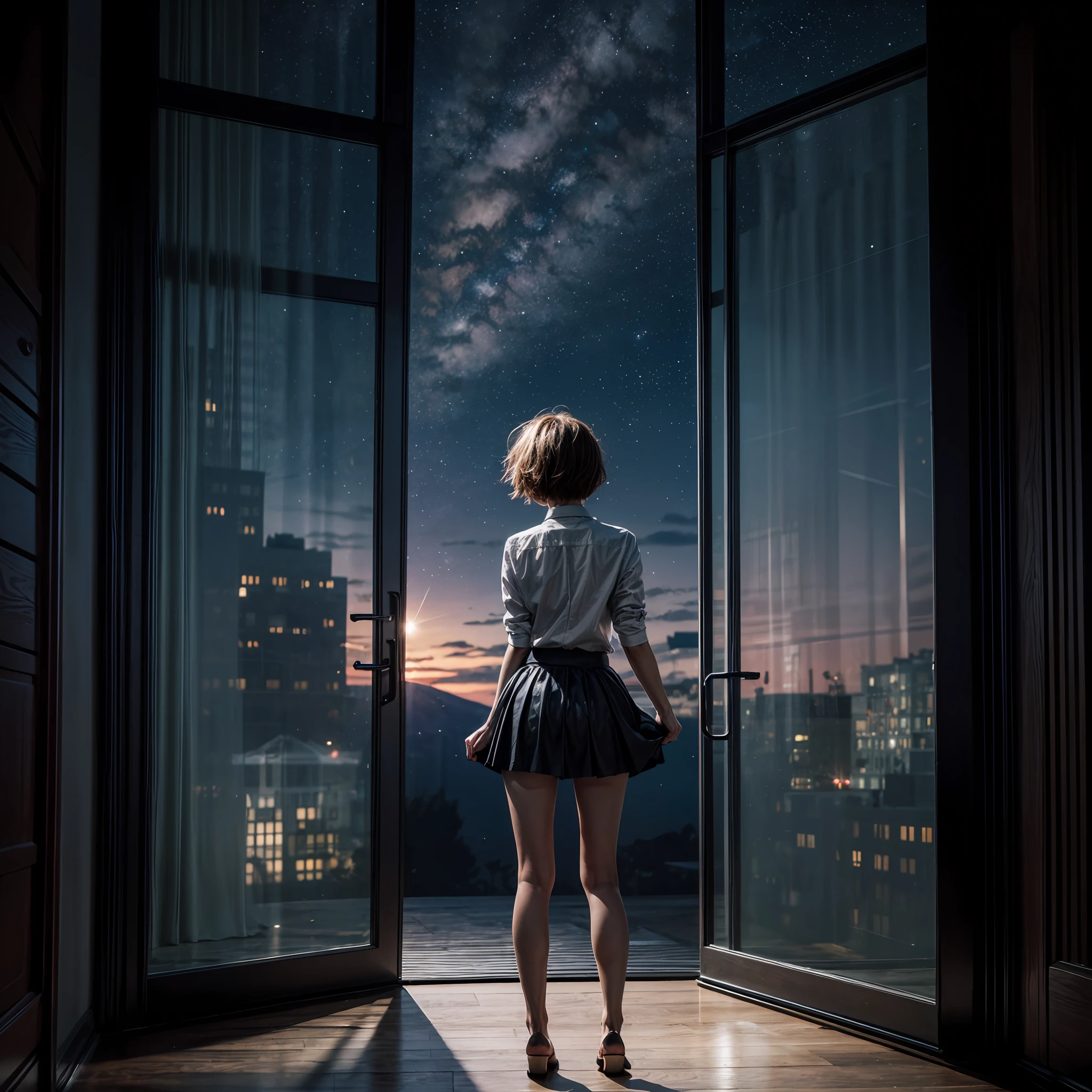 largewindow,full body,front,1girl,(open legs:1.3),(skirt,:1.3),(standing:1.1),(short hair:1.4),(night , starry sky: 1.3), city, long hair, sliding doors, solo,