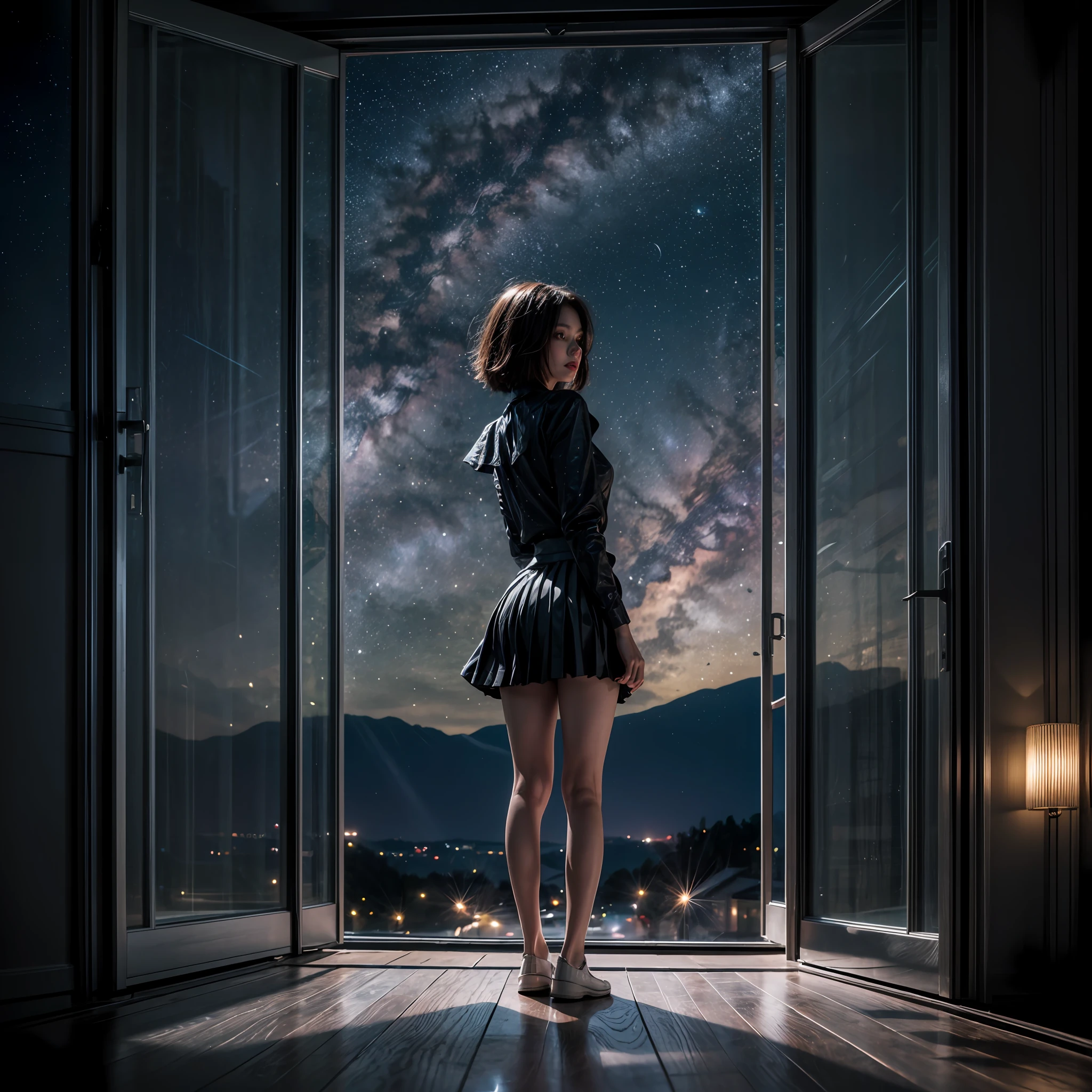 largewindow,full body,front,1girl,(open legs:1.3),(skirt,:1.3),(standing:1.1),(short hair:1.4),(night , starry sky: 1.3), city, long hair, sliding doors, solo,