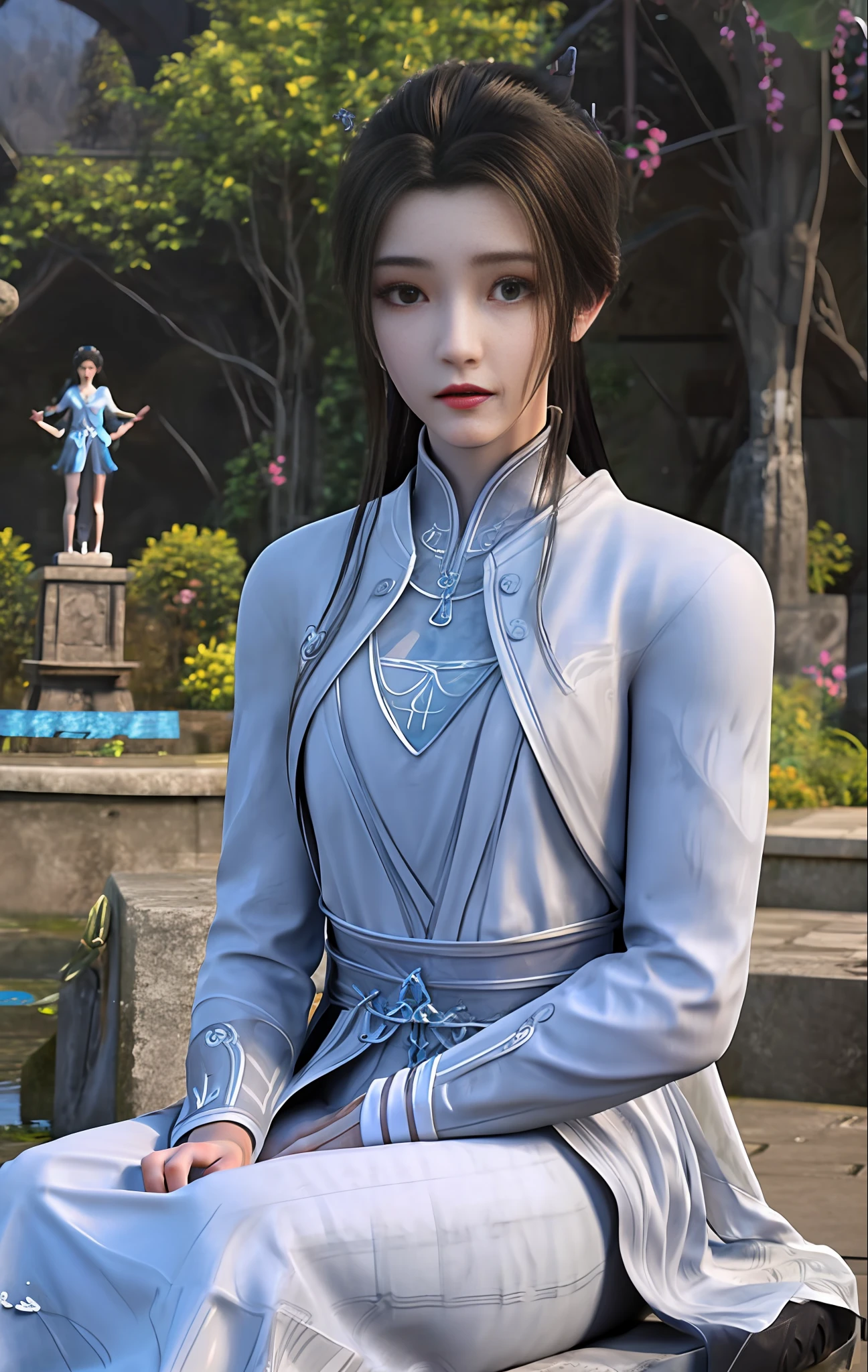 (巨作), High picture quality, faerie, Antique painting style, Sit on your knees, A white dress, Beautiful face, Garland embellishment, Gentle mist,Tranquil water, Next to the ancient well, Light makeup, warmtones, Engraved details, exquisite texture.