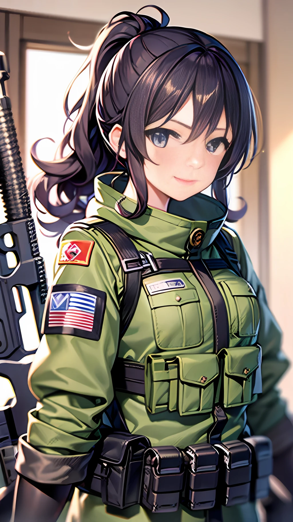 1girl in, Curly hair ponytail, gloves, guns, Military, Military mini chest rig, rifle,Full Customization, Deserted, 独奏, Upper body body_Body, arma,Too much magic modification time?
I can't stop grinning when I look at the viewer、巨作、the best quality、CQB Bose,Correct posture,splendid。Wearing a jacket full of military patches,