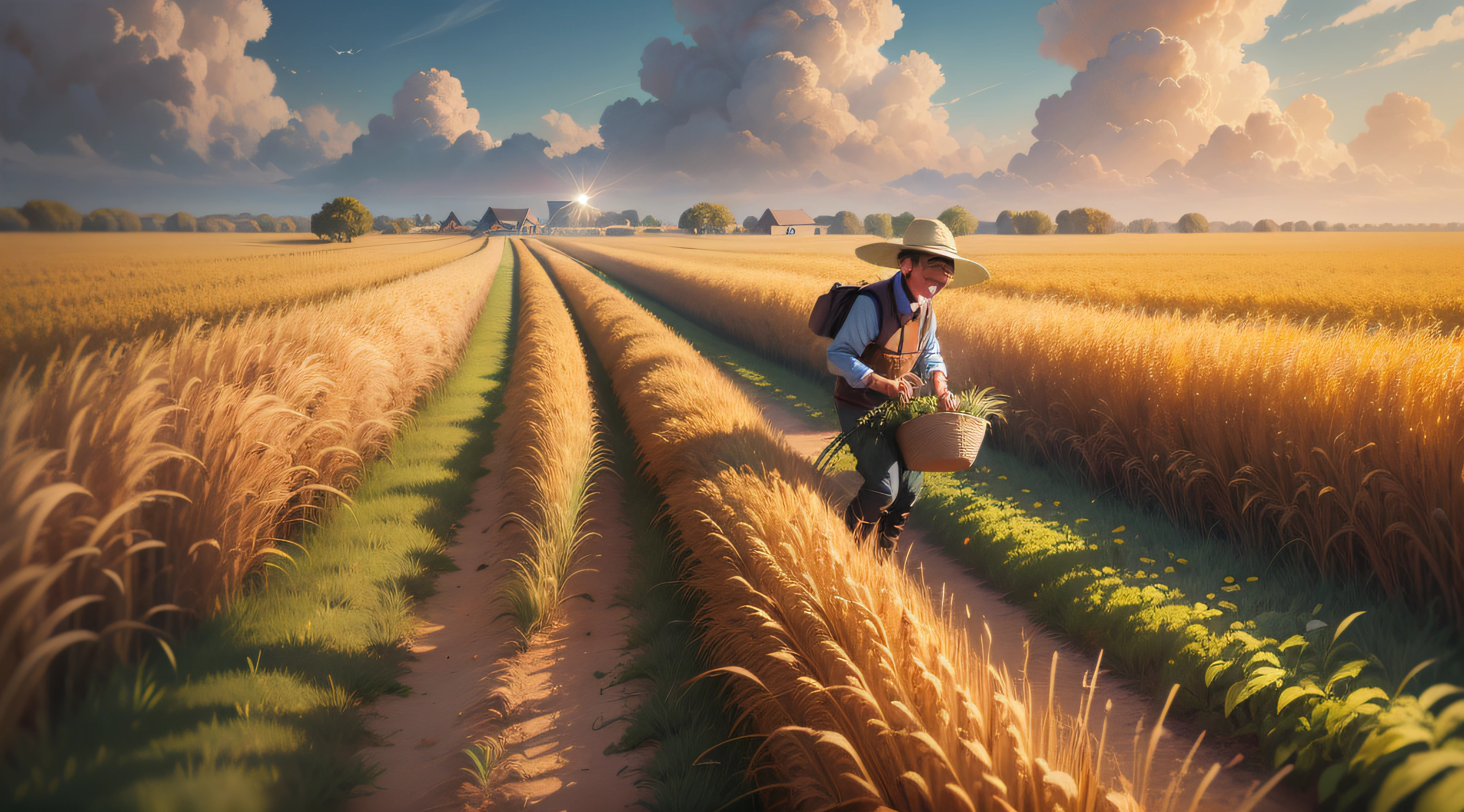 Make a solar term poster,A Chinese farmer harvests wheat, laughing very happily, rA field of golden wheat，In the style of Temmie Chang, Warm tone, Animation, Oil Paintings, Fernando Amosoro, Lovely and colorful, Long and deep distances, High detail, High quality --ar 3:4 --niji 5 --style expressive