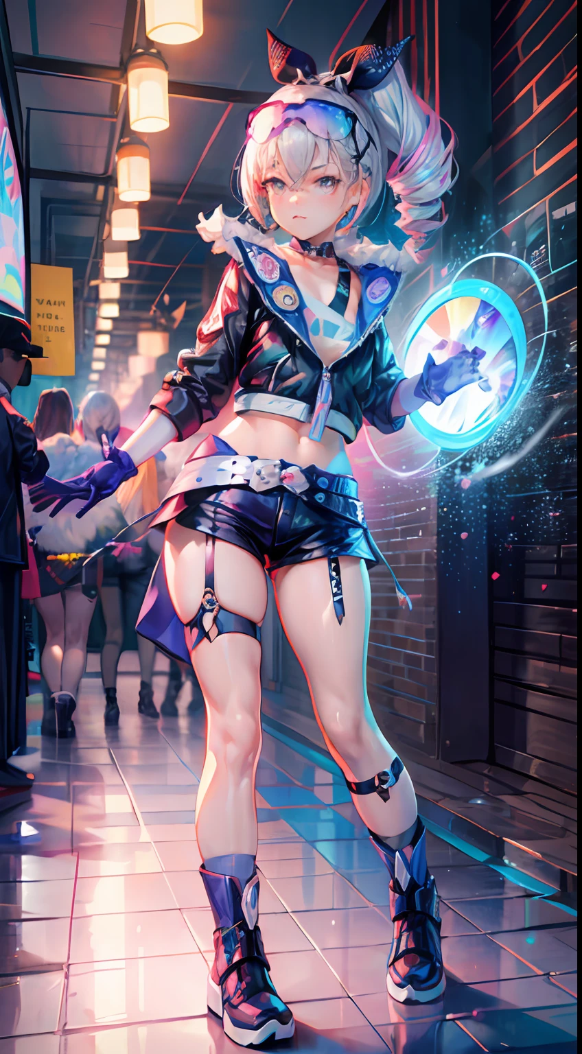 full body, 1girl, loli, solo, Eye focus,Masterfully crafted Glow, pink lens flare, Cinematic background,colourful, hyper details, hdr, ultra detailed eyes, mature, plump, rainbow painting drops,(supermodel:1.3), made up from paint, entirely paint, splat, splash, indoors, (bioluminescent hair:1.1),(glowing eyes),  ((makeup)), fierce, powerful, splashes of colour absolutely eye-catching, dynamic angle, beautiful detailed glow, ambient occlusion, ambient light, raytraced reflections, retro style, living arcade characters, arcade style world, gloves, jacket,weapon, shorts, black gloves, black jacket, gun, drill hair, black shorts, eyewear on head, bubble blowing, chewing gum, (Cute face:1.3),