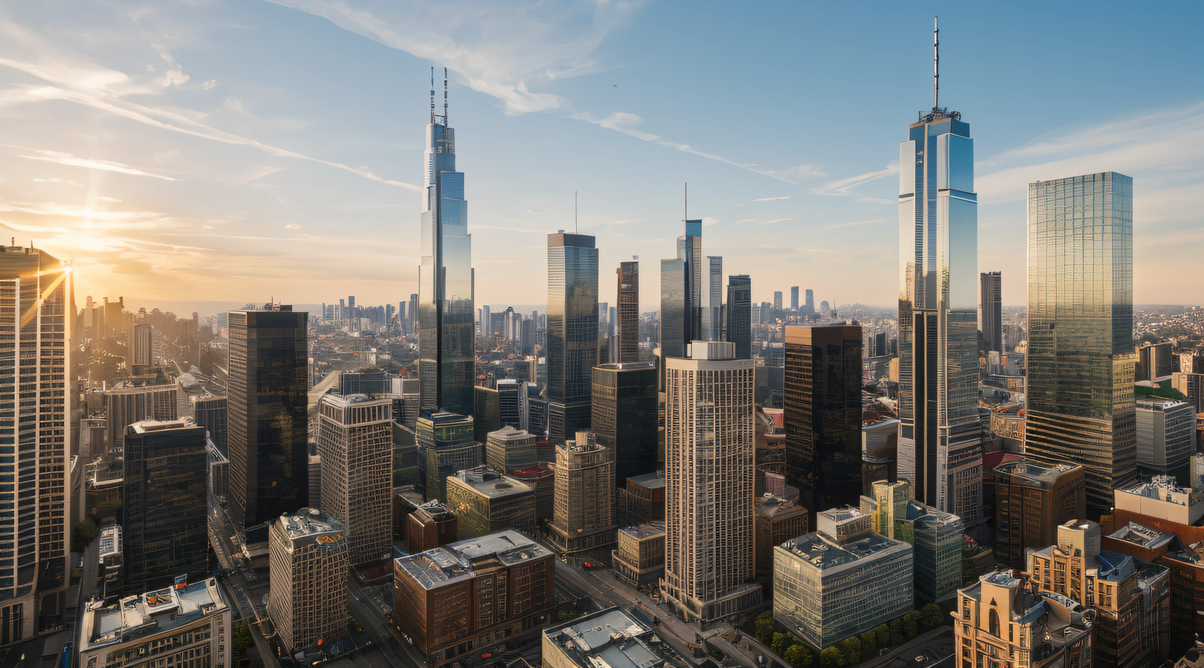 Create a high-resolution 3D image of a dense cluser of skyscrapers.The buldings should br modern and sleek, wirh glass facades reflecting the sunlight. The scene should be set during the day with clear skies. The perspective should be from a high vantage point, looking down on the cityscape.  Each buildings should have straight and sharp edges
