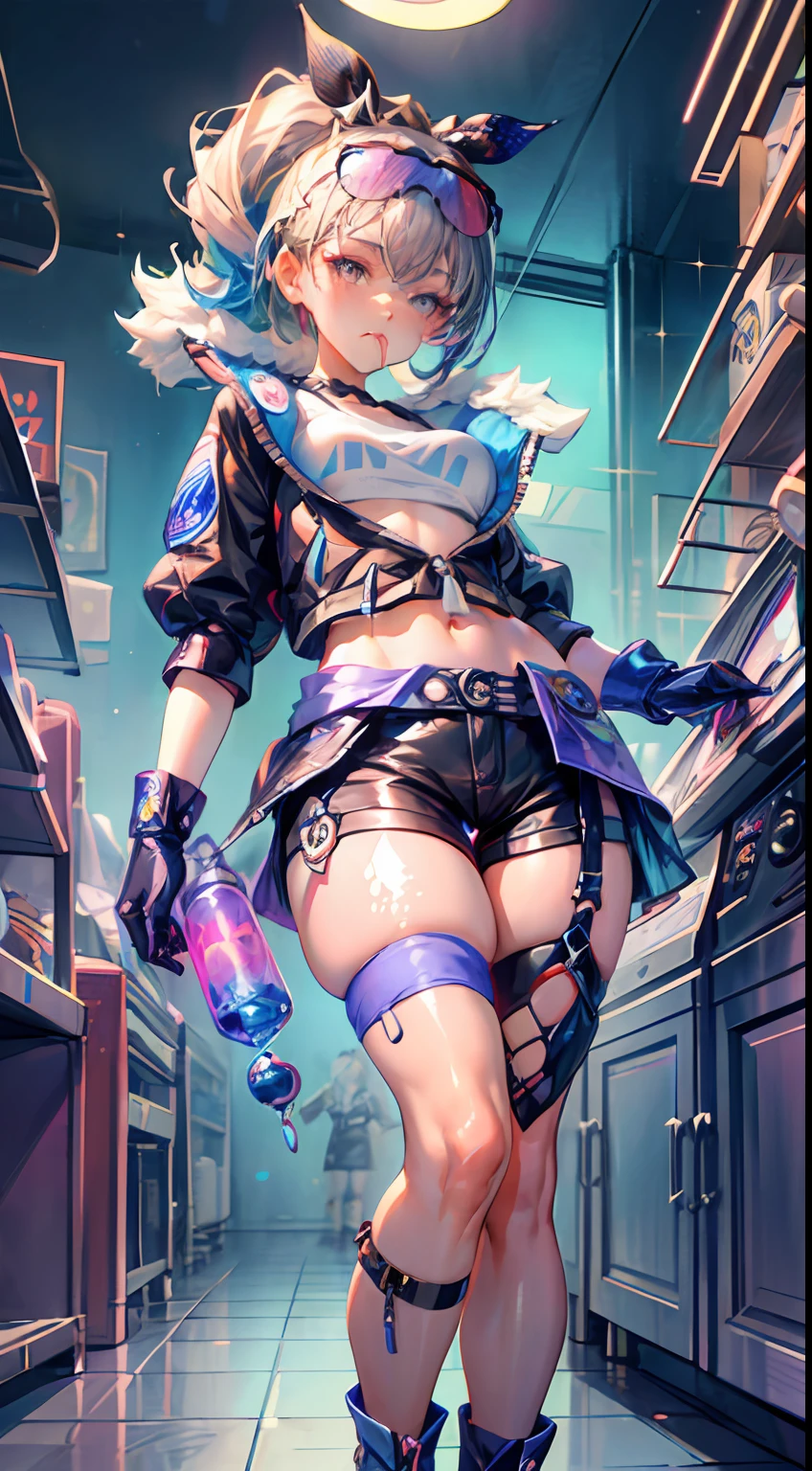 full body, 1girl, li, solo, Eye focus,Masterfully crafted Glow, pink lens flare, Cinematic background,colourful, hyper details, hdr, ultra detailed eyes, mature, plump, rainbow painting drops,(supermodel:1.3), made up from paint, entirely paint, splat, splash, indoors, (bioluminescent hair:1.1),(glowing eyes), ((makeup)), fierce, powerful, splashes of colour absolutely eye-catching, dynamic angle, beautiful detailed glow, ambient occlusion, ambient light, raytraced reflections, retro style, living arcade characters, arcade style world, gloves, jacket,weapon, shorts, black gloves, black jacket, gun, drill hair, black shorts, eyewear on head, bubble blowing, chewing gum, (Cute face:1.3),