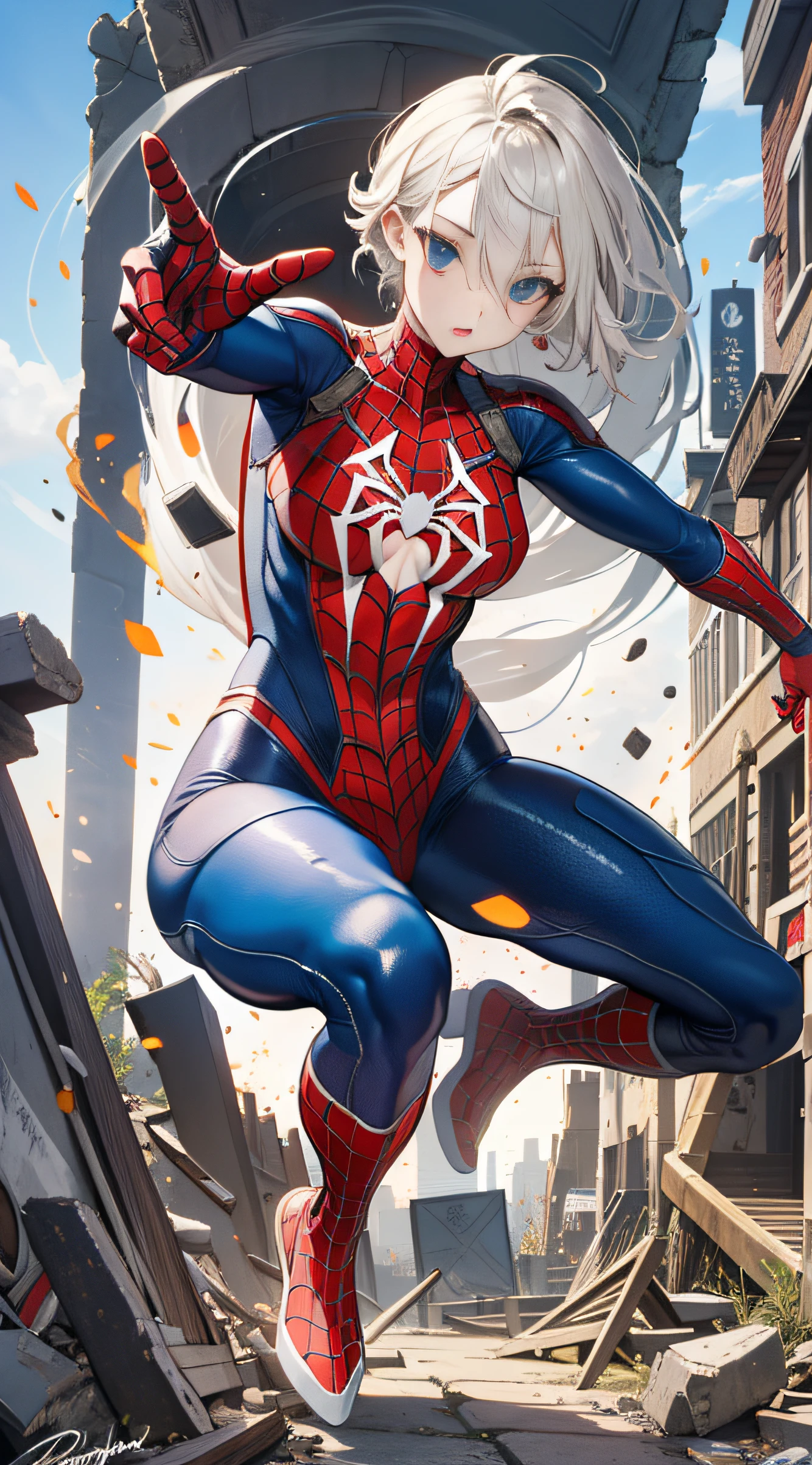 （（（optimal quality））），（（（superdetailed））），（（（masterpaintings））），（（（manga book））），Cool female superhero，Female Spider-Man，The action is exaggerated and handsome，Spider-Man's signature move，Dynamic，Voice bubbles，Fighting，bang between eyes，The background is the ruins of the city after the Great War，Epic cinematic footage。