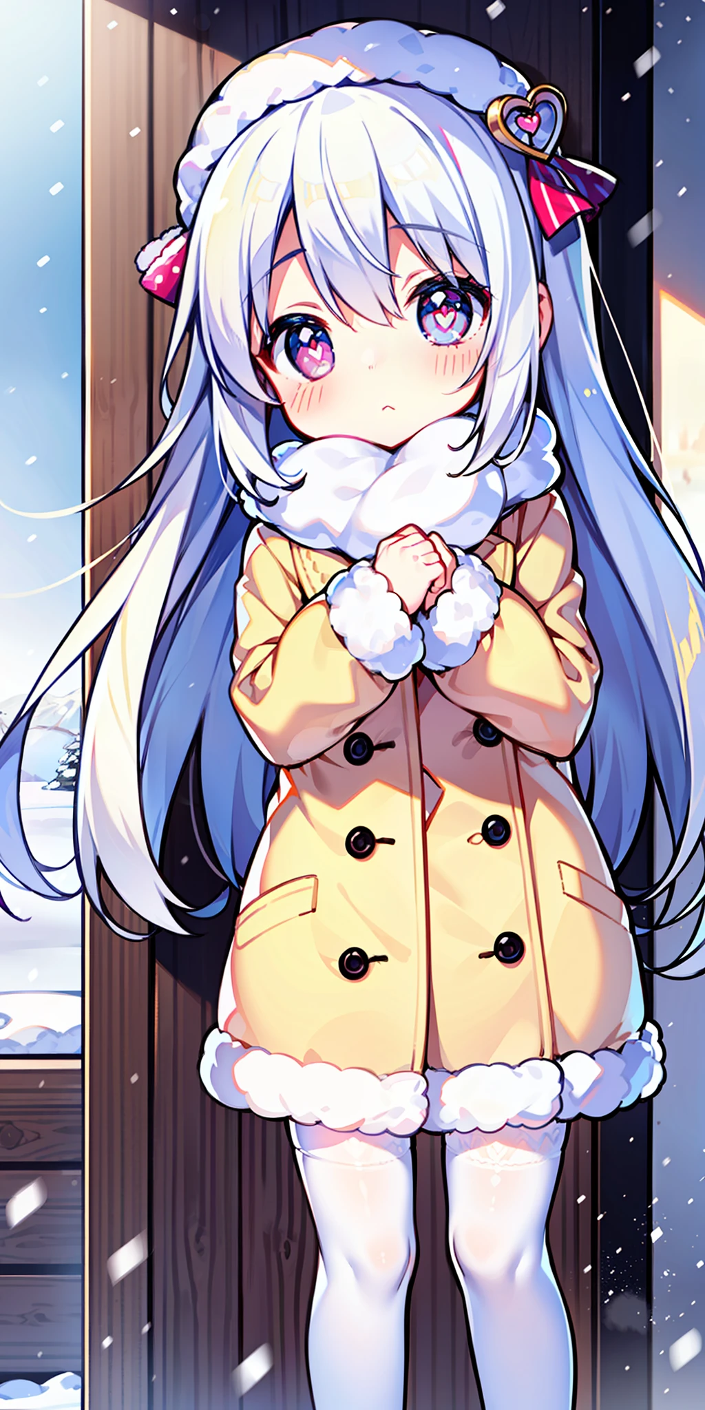 , long hair, cute, heart-shaped pupils, solo, white hair, blush, winter, snow, outdoors, white stockings, standing