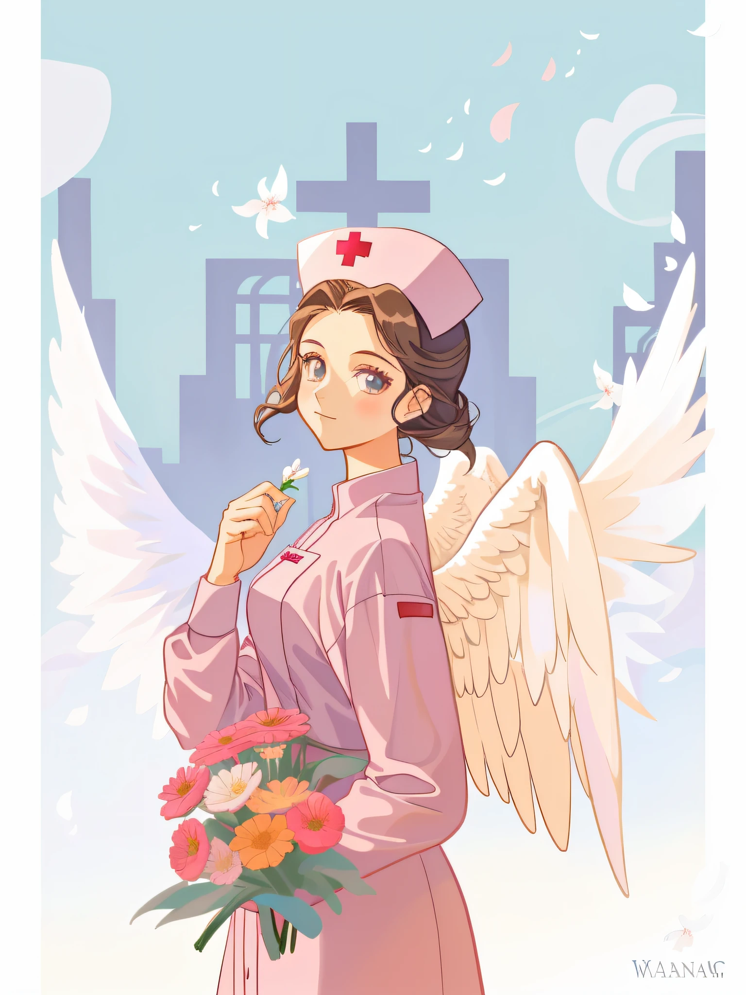 anime girl with angel wings and a bouquet of flowers, nurse girl, angel girl, an angel, official fanart, nurse, young wan angel, angel themed, of an beautiful angel girl, inspired by Marie Angel, Angelic, winged girl angel, Fanart, wearing angel, girl with angel wings, cartoon style illustration, one angel, angel themed