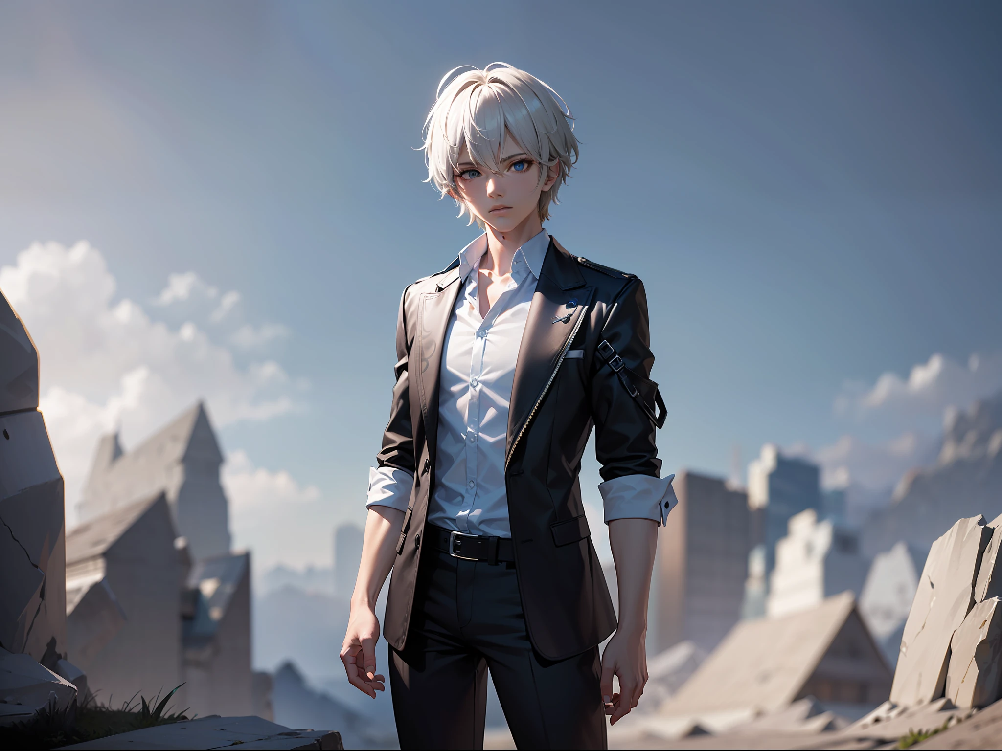 (CG Unity 8K wallpaper in extreme detail，masterpaintings，Highest image quality)，(Delicate light and shadow，The picture is highly dramatic)， A teenager，white short hair，Handsome face，Blue eyes，Expressionlessly，White shirt，Black pantsuit，Stand on the edge of a cliff(Exceptional detail，The lighting effect is outstanding，Vista wide angle)，crepuscular(Excellent rendering，Enough to stand out from the crowd)，raytrace，