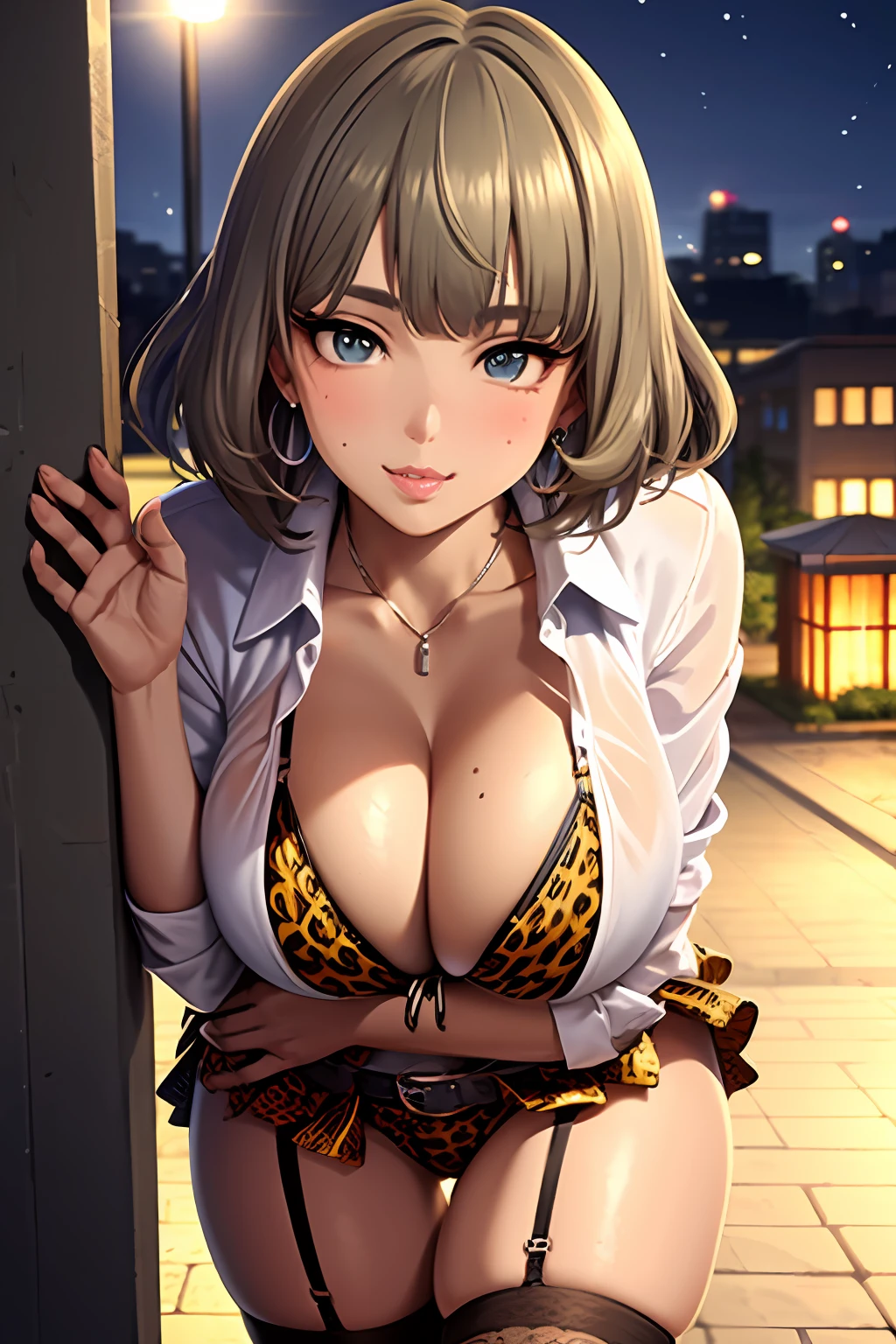 takagaki kaede,1girl, solo, short hair, heterochromia, blue eyes, green eyes, brown hair, detailed body , (detailed face:1.1), (perfect eyes), (big breasts:1.3), thick eyelashes, long eyelashes, (blunt bangs:1.2), perfect dynamic composition, (gyaru:1.2), cleavage, jewelry, earrings, open clothes, tied shirt, tented shirt, unbuttoned shirt, bra peek, lace-trimmed bra, (leopard print:1.2), belt, pleated skirt, lace-trimmed legwear, garter straps, see-through, (dark skin:1.2), hoop earrings, gal, evil smile, seductive smile, blush, seductive pose, (seductive smile:1.4), thick lips, (huge lips:1.2), (massive lips: 1.2), (parted lips:1.2), (thick lips:1.4), street, night sky
8k, 4k, Masterpiece, Best Quality, fantasy, extremely detailed, intricate, hyper detailed, detailed eyes, (perfect face), illustration, soft lighting, (specular lighting:1.2), (shiny skin, gleaming skin), looking at viewer,