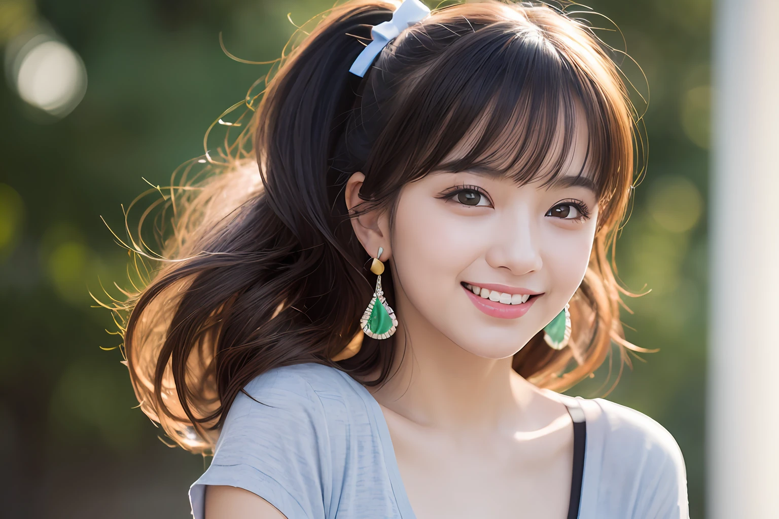 (8k, RAW photos,best quality, high resolution:1.1), (hyperrealistic:1.4),(realistic, photorealistic:1.3), soft light,big breasts,bra shows through t-shirt,girl,realistic face,realistic body,realistic skin,absurdity,masterpiece,(cute:1.8), cuties, solo, (big:1.2), detailed black eyes, innocent eyes, blusher, (t-shirt:1.2),cinema lights,film grain,jewelry,earrings,((Medium hair:1.1)),((Floating hair Novafrog style)),cherry colored lips,hair bow,ponytail,closeup,look at viewer,long hair,upper body,open lips,upper teeth,upper teeth,(smiling eyes:0.6), ((grinning:1.2)),depth of field, Blurry Background, Eye Focus, Bokeh,Young, 85mm Lens, f/1.4,Professional Lighting, Young,Portrait,Photon Mapping,Radiosity,Physically Based Rendering
