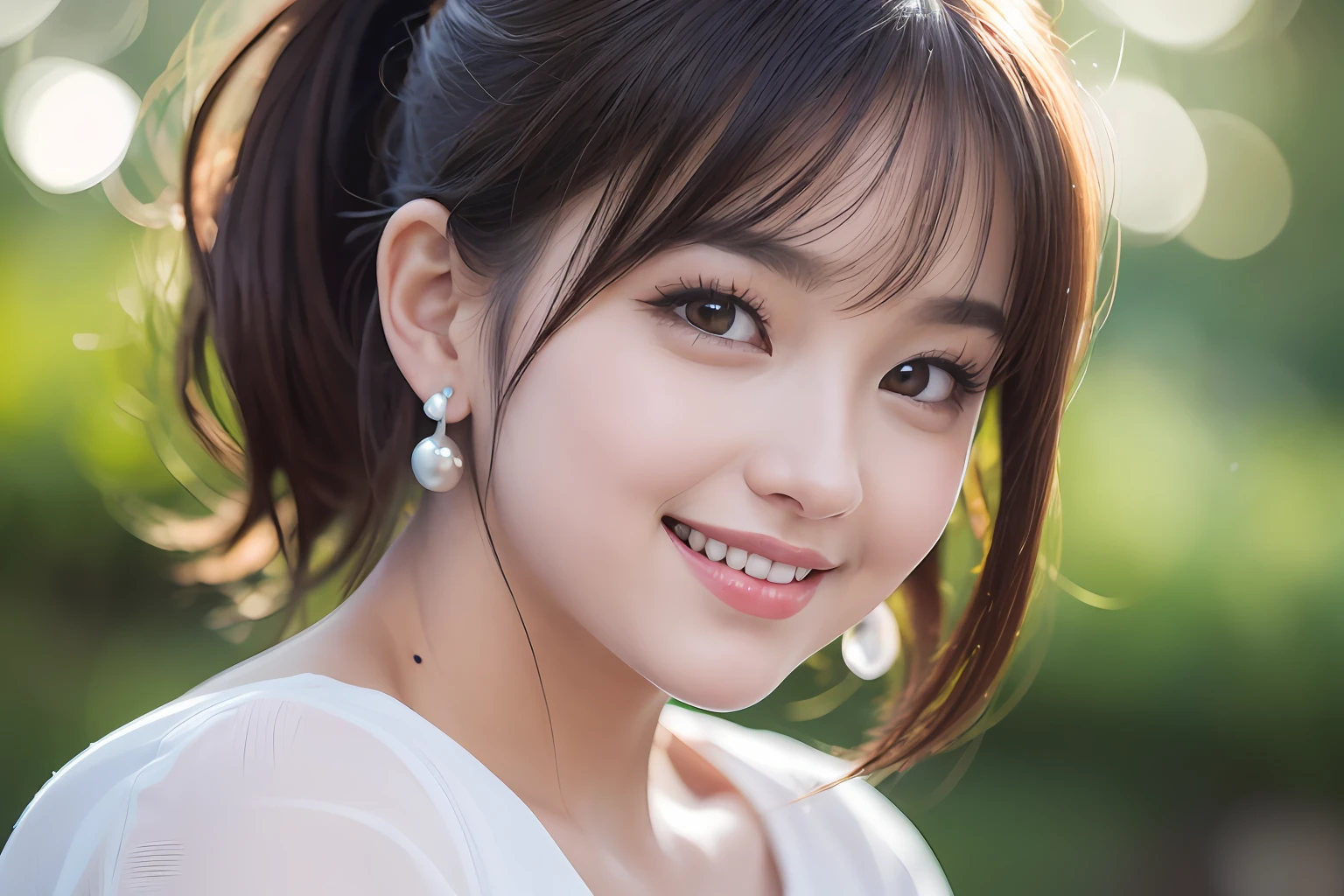 (8k, RAW photos,best quality, high resolution:1.1), (hyperrealistic:1.4),(realistic, photorealistic:1.3), soft light,big breasts,bra shows through t-shirt,girl,realistic face,realistic body,realistic skin,absurdity,masterpiece,(cute:1.8), cuties, solo, (big:1.2), detailed black eyes, innocent eyes, blusher, (t-shirt:1.2),cinema lights,film grain,jewelry,earrings,((Medium hair:1.1)),((Floating hair Novafrog style)),cherry colored lips,hair bow,ponytail,closeup,look at viewer,long hair,upper body,open lips,upper teeth,upper teeth,(smiling eyes:0.6), ((grinning:1.2)),depth of field, Blurry Background, Eye Focus, Bokeh,Young, 85mm Lens, f/1.4,Professional Lighting, Young,Portrait,Photon Mapping,Radiosity,Physically Based Rendering