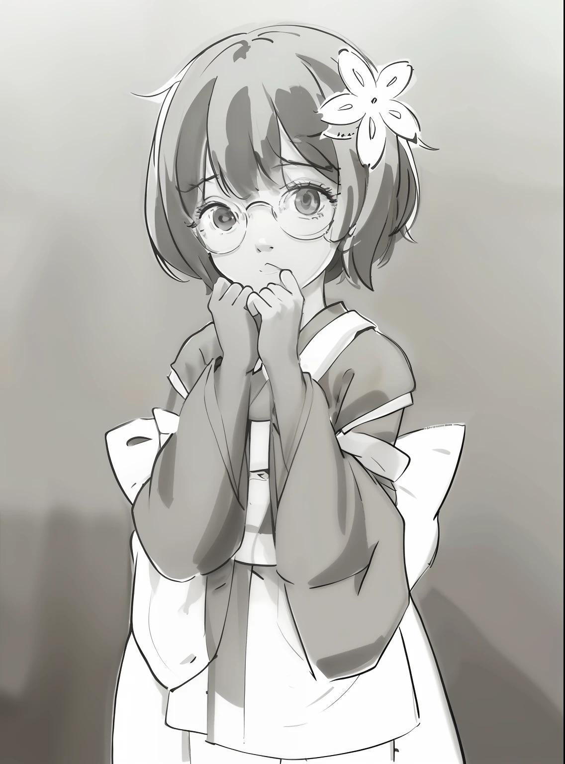 One with glasses，Drawing of a girl with a bow on her head, clean anime outlines, clean lineart, simple lineart, line art!!, Line sketch!!, heavy outline, lineart, thick lineart, Outline sketch, Line sketch, Simple line art, thick line art, thick black lineart, perfect lineart, with index finger, outline