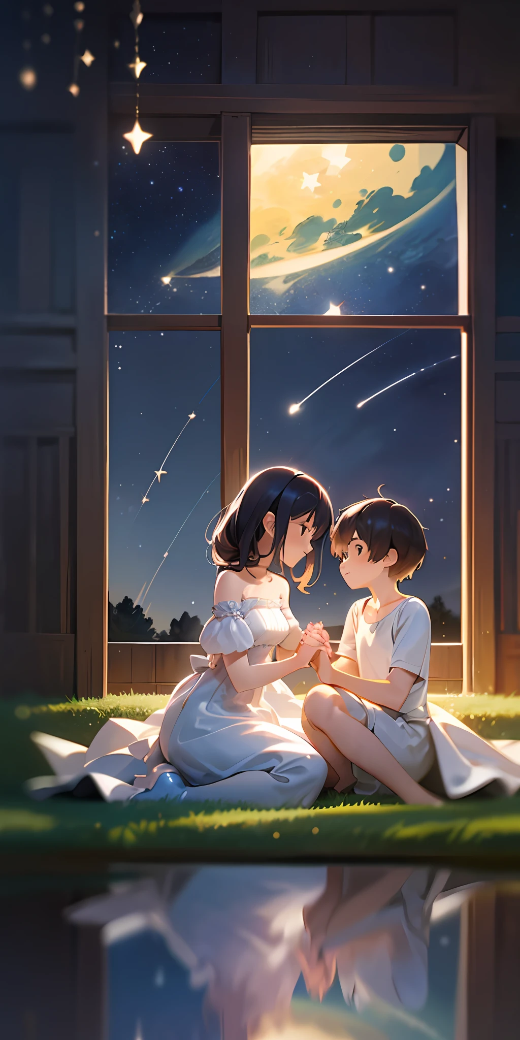 (masterpaintings,optimal quality),A boy and a girl hold each other's hands at night and look at the stars in the sky,Sit on the house,warmly lit,white dresses,Blurred foreground