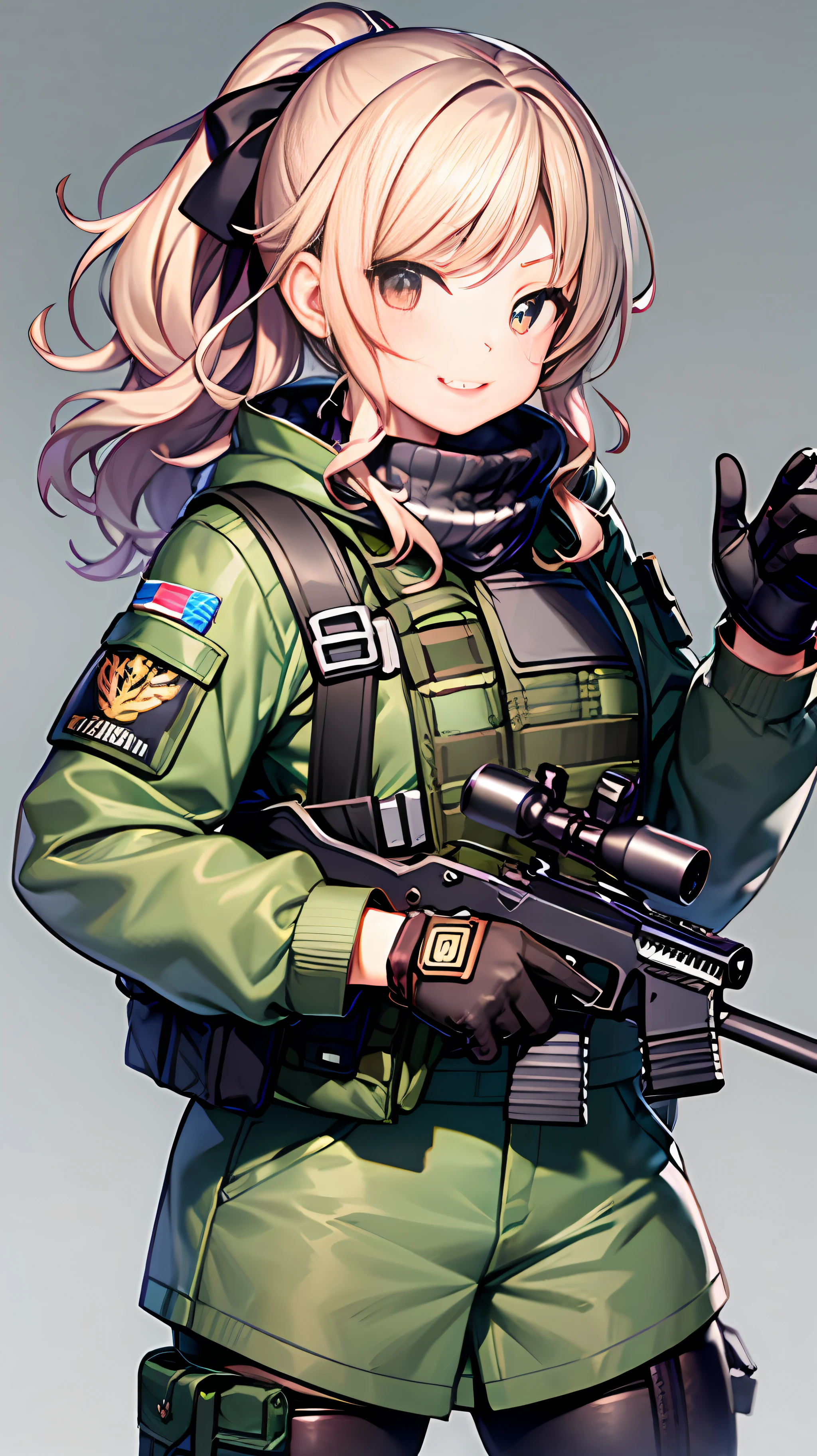 1girl in, Curly hair ponytail, gloves, guns, Military, Military mini chest rig, rifle,Full Customization, Deserted, 独奏, Upper body body_Body, arma,Too much magic modification time?
I can't stop grinning when I look at the viewer、巨作、the best quality、CQB Bose,Correct posture,splendid。Wearing a jacket full of military patches,