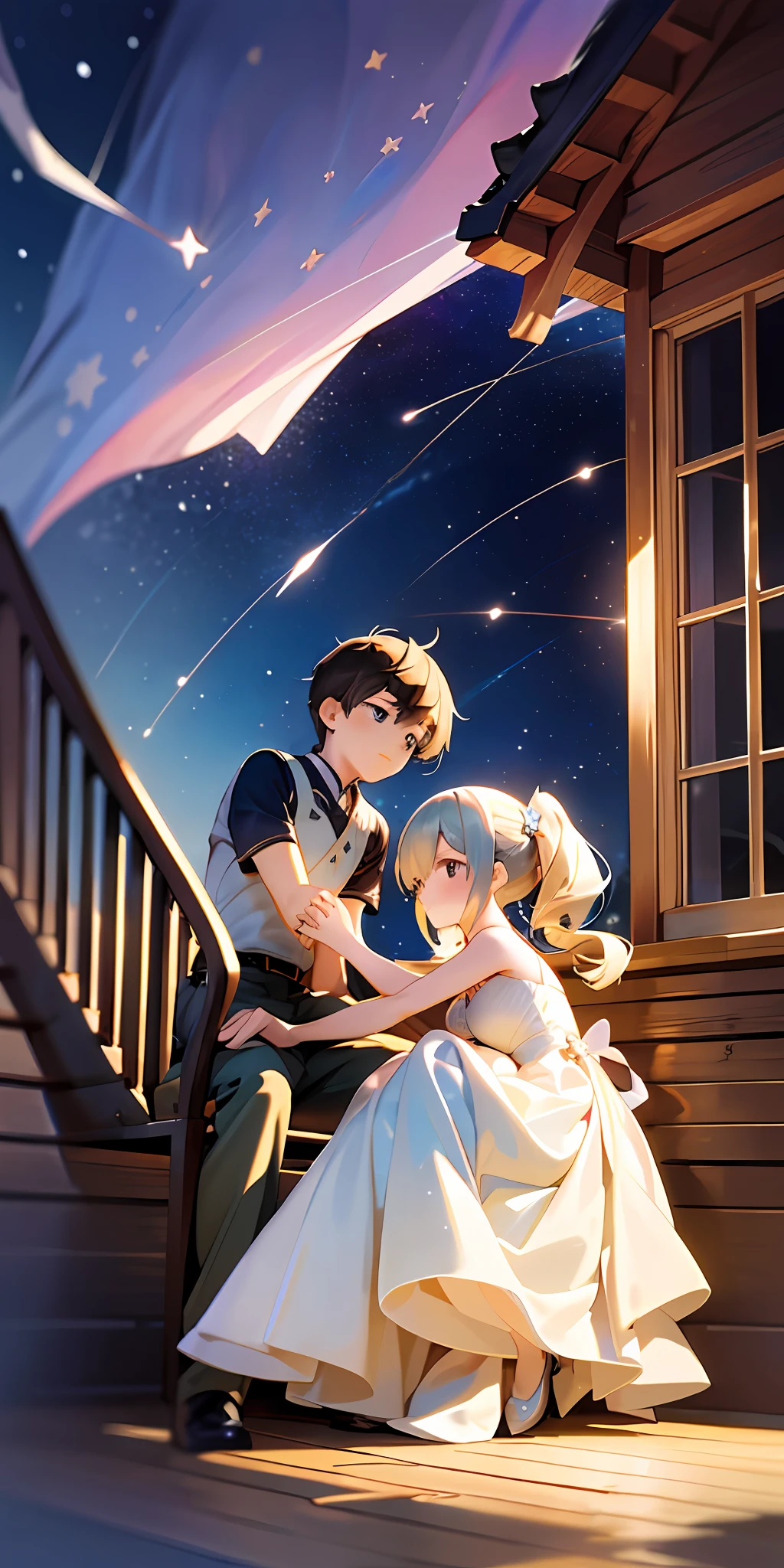 (masterpaintings,optimal quality),A boy and a girl hold each other's hands at night and look at the stars in the sky,Sit on the house,warmly lit,white dresses,Blurred foreground