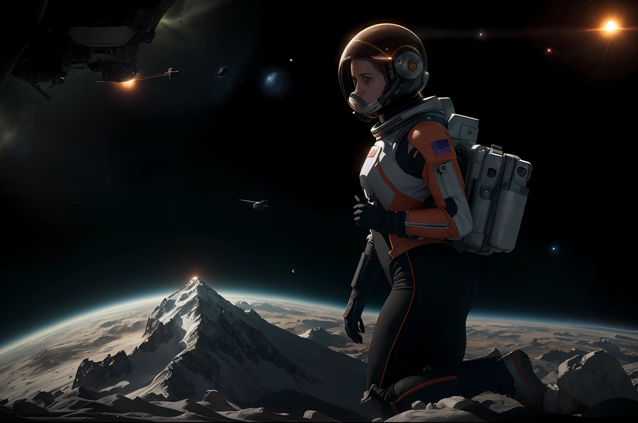 Highly detailed RAW color Photo, Rear Angle, Full Body, of (female space soldier, wearing orange and white space suit, helmet, tined face shield, rebreather, accentuated booty), outdoors, (looking up at advanced alien structure, on alien planet), toned body, big butt, (sci-fi), (mountains:1.1), (lush green vegetation), (two moons in sky:0.8), (highly detailed, hyperdetailed, intricate), (lens flare:0.7), (bloom:0.7), particle effects, raytracing, cinematic lighting, shallow depth of field, photographed on a Sony Alpha 1, 50mm wide angle lens, sharp focus, cinematic film still from Gravity 2013
