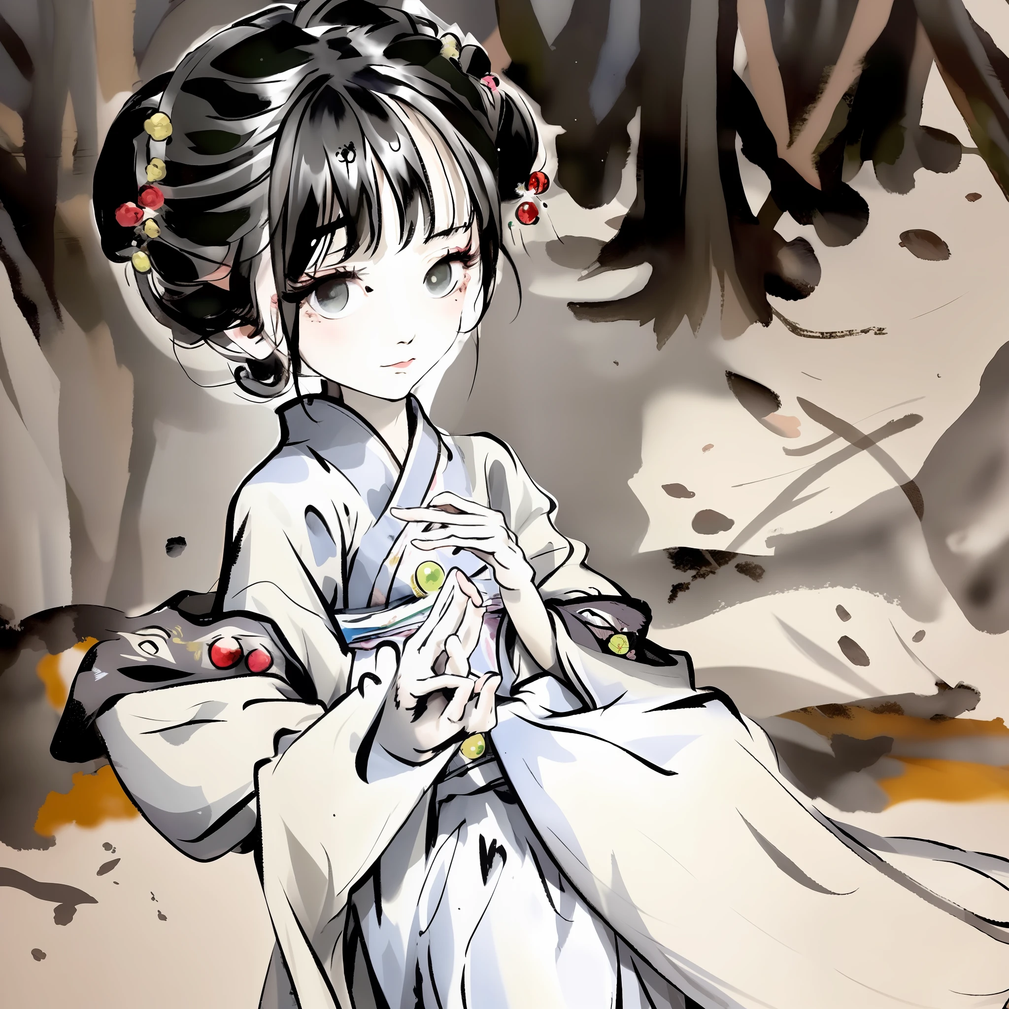 The little girl in the white robe is reading carefully . The style is Yumei , animated GIF , small jump , Traditional clothing , Animated character design , Chinese painting , light gray , kawaii , modest charm , Classical style , Minimalism -- ar 3:4-- q 2-- niji 5
