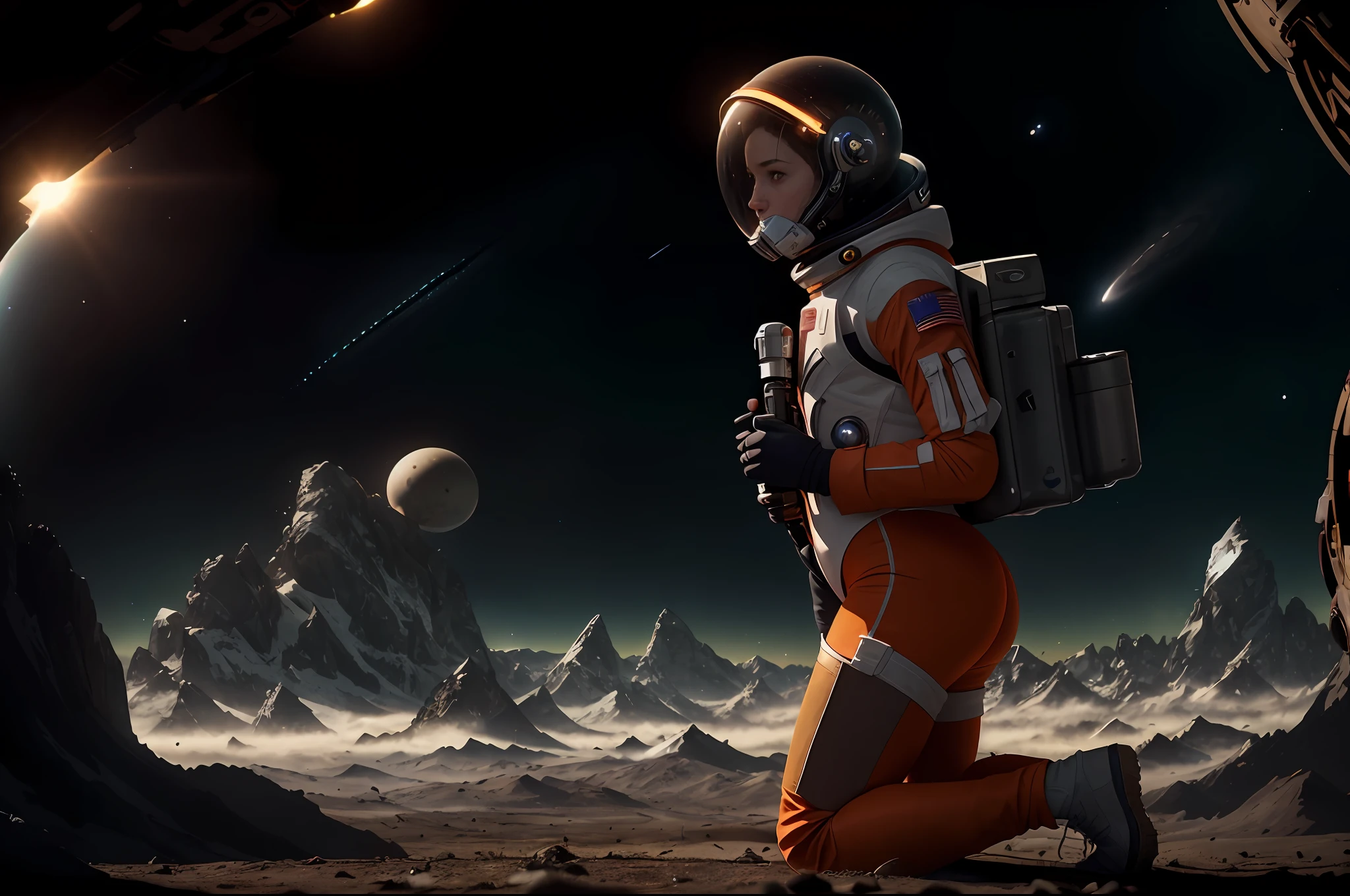 Highly detailed RAW color Photo, Rear Angle, Full Body, of (female space soldier, wearing orange and white space suit, helmet, tined face shield, rebreather, accentuated booty), outdoors, (looking up at advanced alien structure, on alien planet), toned body, big butt, (sci-fi), (mountains:1.1), (lush green vegetation), (two moons in sky:0.8), (highly detailed, hyperdetailed, intricate), (lens flare:0.7), (bloom:0.7), particle effects, raytracing, cinematic lighting, shallow depth of field, photographed on a Sony Alpha 1, 50mm wide angle lens, sharp focus, cinematic film still from Gravity 2013