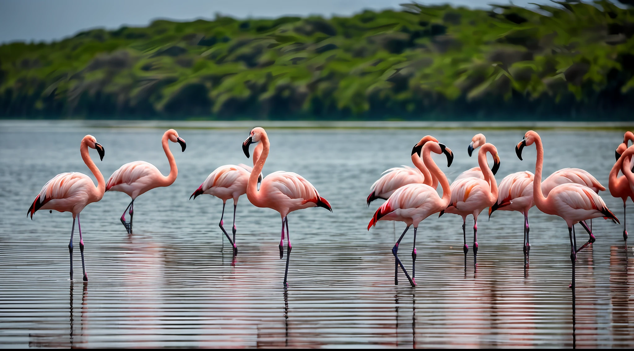 flamingos bem cor de rosa em um lago, atmospheric perspective, 8k, super detail, ccurate, best quality, super detail
