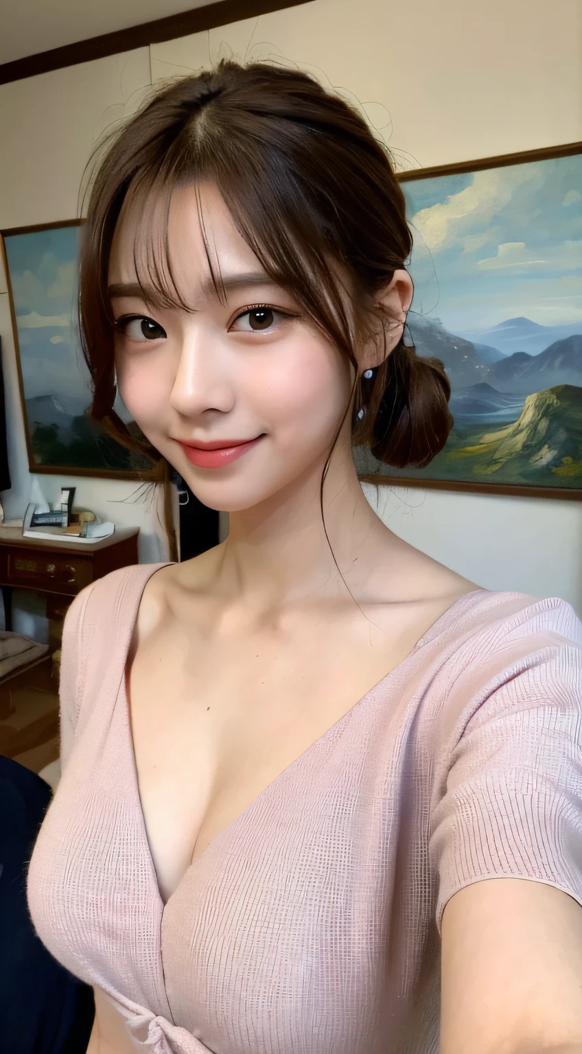 ((Best picture quality, 8K, masterpaintings:1.3)), 1girl huge large breasts, Beautiful woman with slender abs:1.3, (Casual hairstyle, :1.2), Sexy dress,Ultra-fine face, detailed eye, 双眼皮,Smile with。Take pictures in cute poses,The figure is very bad,tiny small waist,bigbreast,Close-up,Close-up chest,white-skinned,beautiful in the background