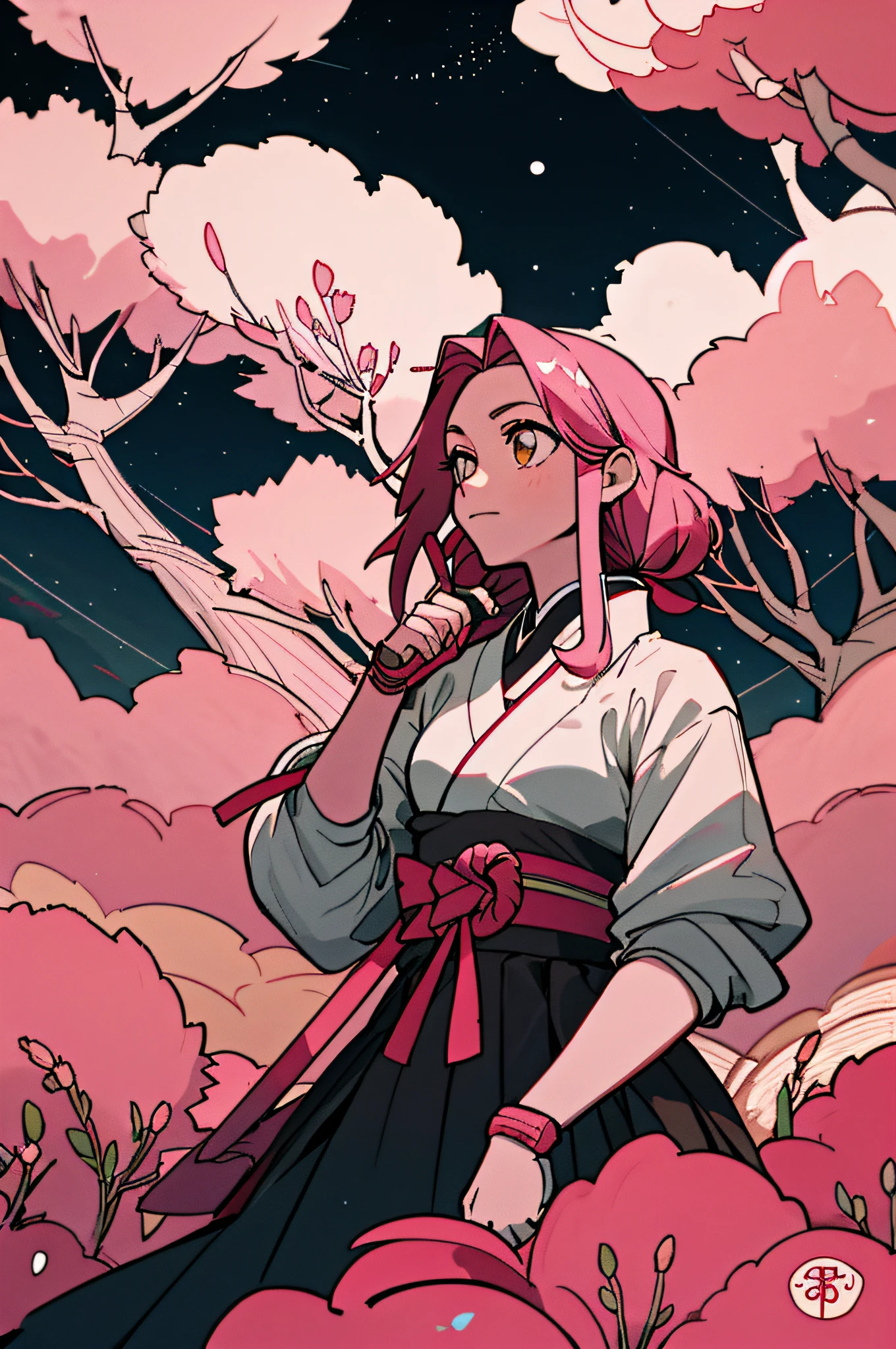 Merger between Sakura Haruno and Cable, atmosfera complexa, noite, cidade de fundo, chuva de rosas, formas permitas, anatomia perfeita, obra prima