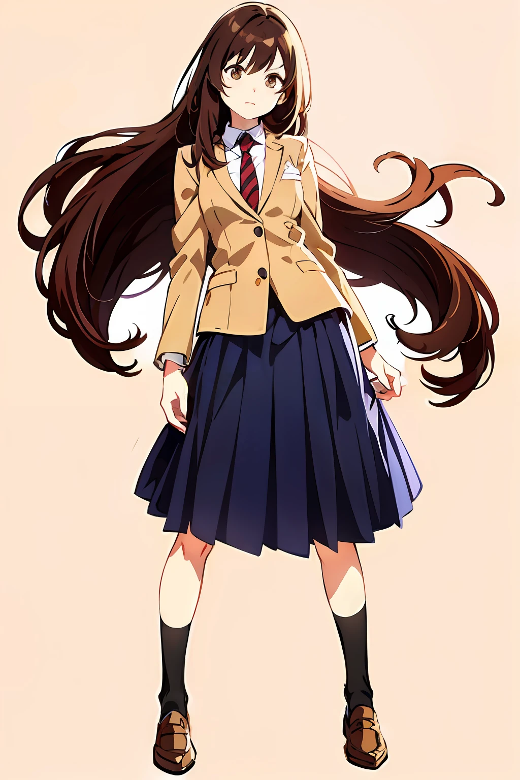 (white background:1.0), (full body:1.0), (solo:1.0), (a girl:1.0), (long skirt:1.1), (dark blue skirt:1.0), (pleated skirt:1.0), (school uniform beige blazer:1.0), (red necktie:0.9), (black socks:1.0), (loafers:1.0), (tall:1.1), (slender:1.1), (small breasts:1.1), (detailed beautiful eyes:1.0), (detailed beautiful face:1.0), (glowing black eyes:1.0), (long hair:1.0), (strait hair:1.0), (brown hair:1.0)