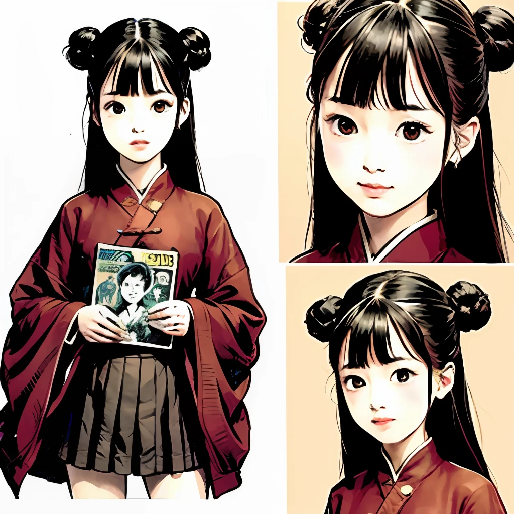 Antique little girl,Tea brown skirt,Fleshy face,Classical Chinese beauty,Rich expressions,Two-dimensional comic book style
