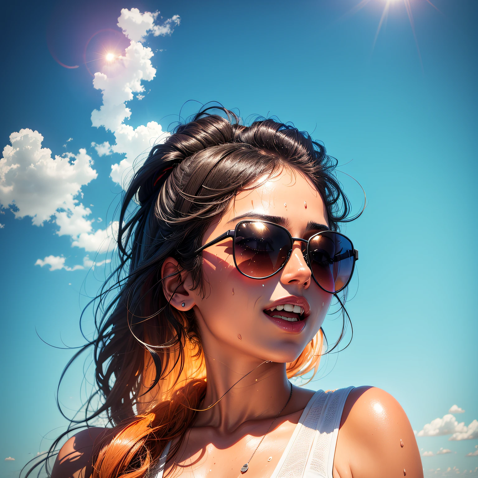 Mulher bonita, foto do rosto, long hair, messy hair, straight hair, sunglasses, sunglasses, flower on head, rolling eyes, one eye closed, longeyelashes, smile, grin, drunk, tongue, tongue out, black hair, Social realism, cinematic lighting, masterpiece --auto