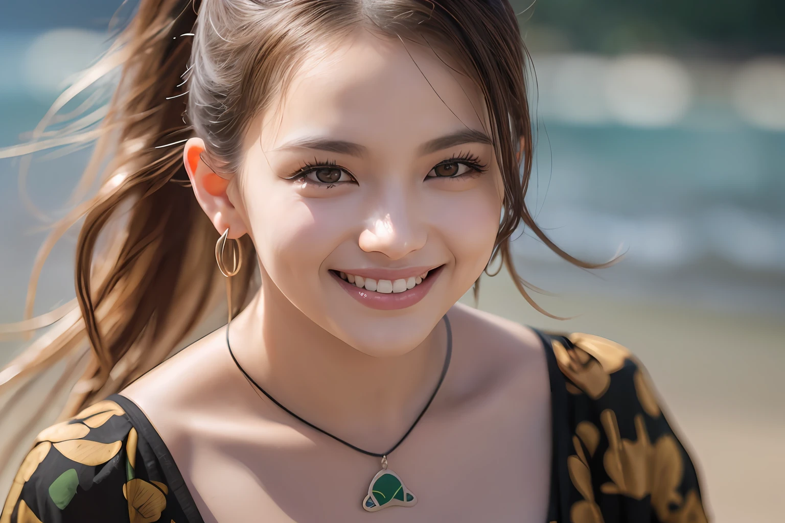 (8k, RAW photos, best quality, high resolution:1.1), (hyperrealistic:1.4),(realistic, photorealistic:1.3), full body shown, full face shown, walking, sandy beach, black micro bikini, soft light, big breasts, girl, realistic face, realistic body, realistic skin, absurdity, masterpiece, (cute:1.8), Solo, (Big breasts:1.2), Detailed Black Eyes,Innocent Eyes,Blush,Cinema Lights,Film Grain,Jewelry,Earrings,((Medium Hair:1.1)),((Floating Hair Novafrog Style)),Cherry Colored Lips,Hair Bow,Ponytail,Long Hair,Open Lips, Top Teeth, (Smiling Eyes:0.6), ((grinning:1.2)),Depth of Field, Blurred Background, Eye Focus, Bokeh,Young, 85mm Lens, f/1.4,Professional Lighting, Young,Portrait,Photon Mapping,Physically Based Rendering