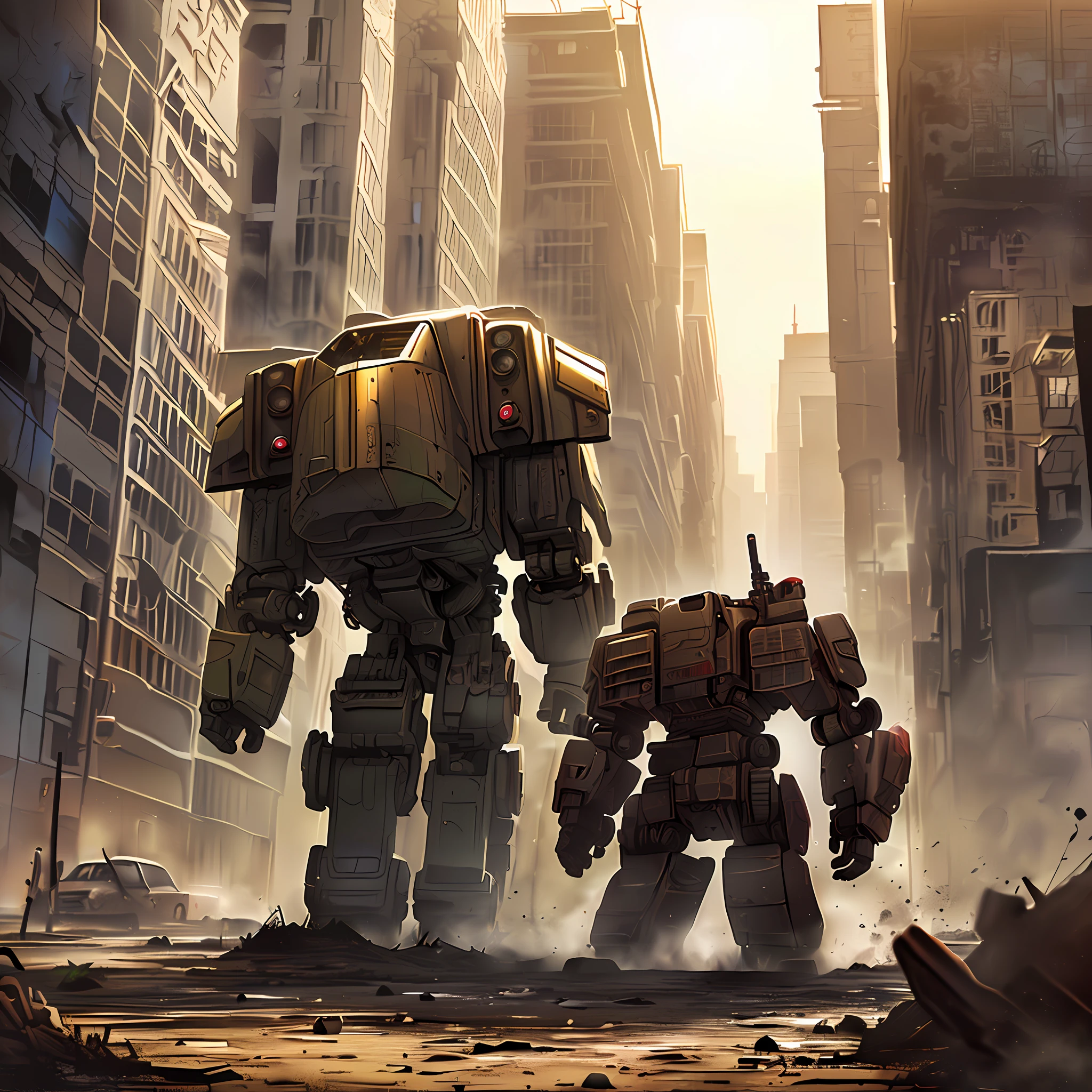 Mecha girl，Wasteland environment，Huge battle robots，Ruined city --auto