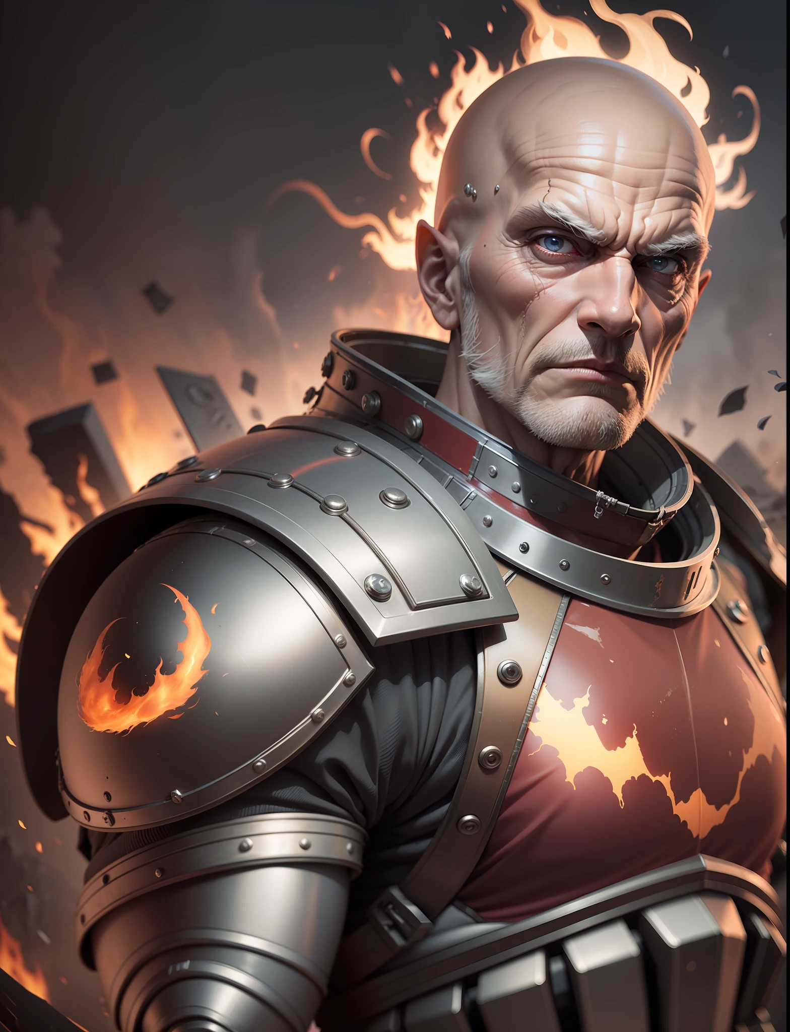 Mars, bald, old age, An ominous expression on his face, In the armor of chaos, Against a fiery background, 3D Rendering, hyperdetail, hyper-realism