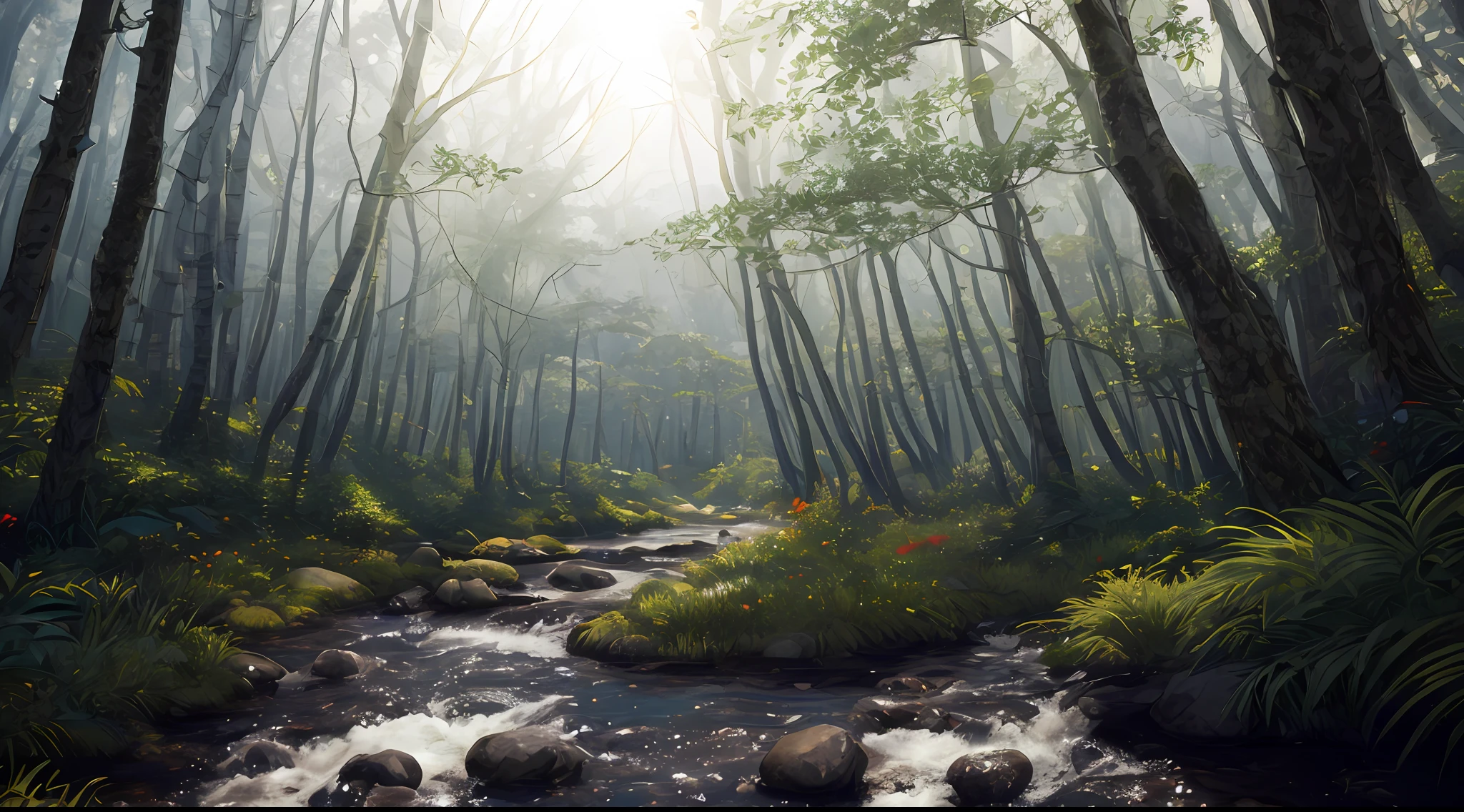A lovely miniature forest with small trees and a small river, from an isometric point of view, masterpiece, best quality, high quality, very detailed CG uniform 8k wallpaper, oil painting, award winning photography, bokeh, depth of field, HDR, bloom, Chromatic Aberration, photorealistic, extremely detailed, trending on artstation, trending on CGsociety, Intricate, High Detail, dramatic, art by midjourney, volumetric lighting
