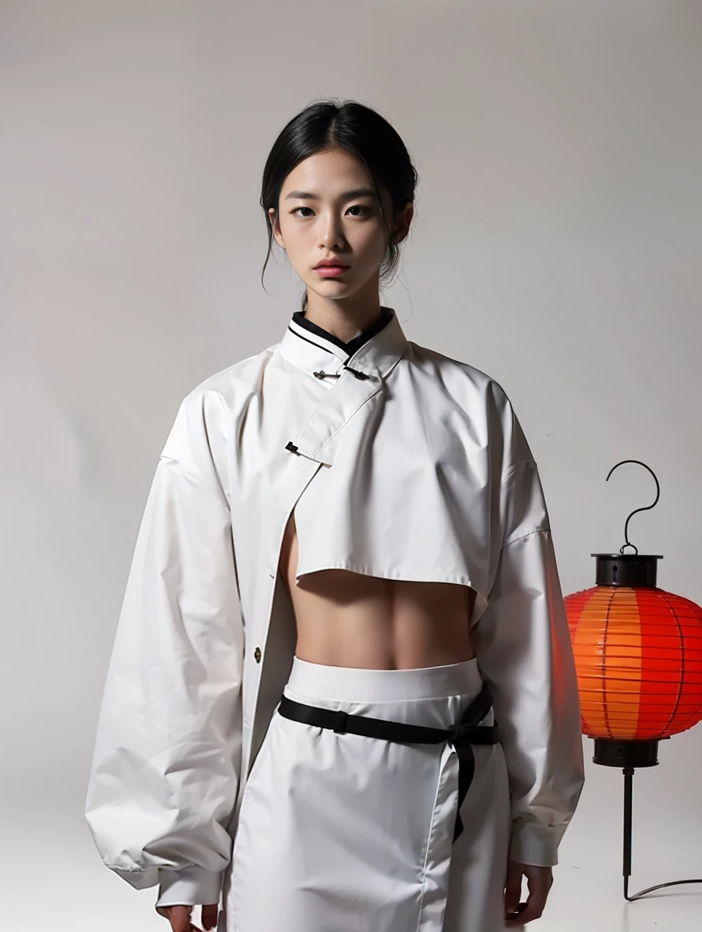 An aspiring high-fashion model, Dressed in minimalist clothing,Inspired by traditional Chinese lanterns. The bold pose is captured in an asymmetrical composition for AnOther, by the artistically unique Raf Simons --ar 9:16 50 --style raw --s 2