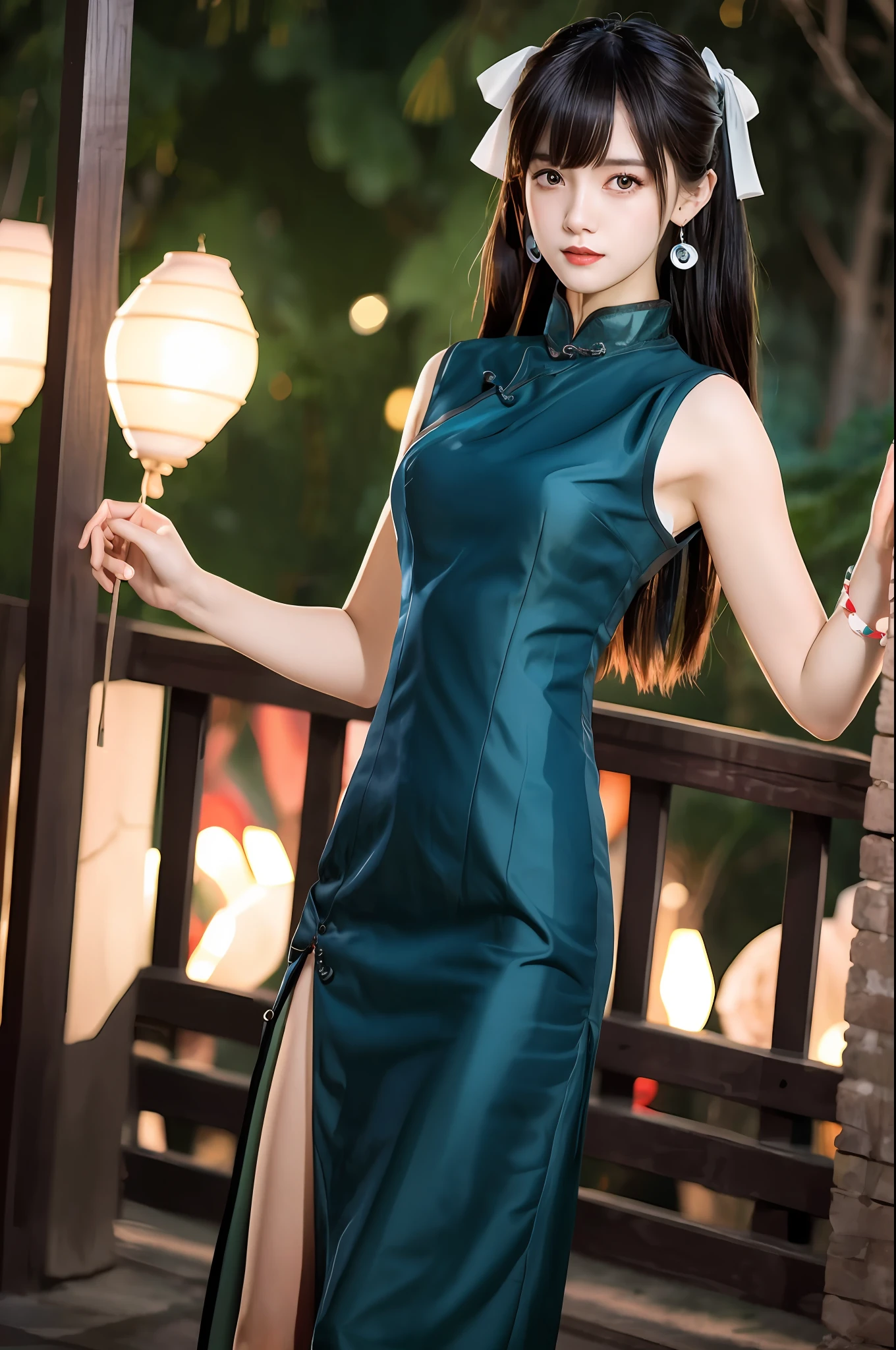 (goddess-like happiness:1.2), ulzzang-6500-v1.1, modelshot style,(RAW photo, photography, illustration, masterpiece, ultra detailed, top quality, official art, ultra detailed, CG, unity, 8k wallpaper, cinematic lighting, highres, original, extremely detailed 8k uhd, dslr, wallpaper), (photo-realistic:1.35), HDR, depth of field, floral print,  night cityscape, (1girl:1.6), long hair, beautiful girl with beautiful details, extremely detailed eyes and face, eyes with beautiful details, (sleeveless Qipao:1.5), (perfect shiny skin:0.6), slim and smooth lines, (floating), (medium breasts:1),  earrings ,