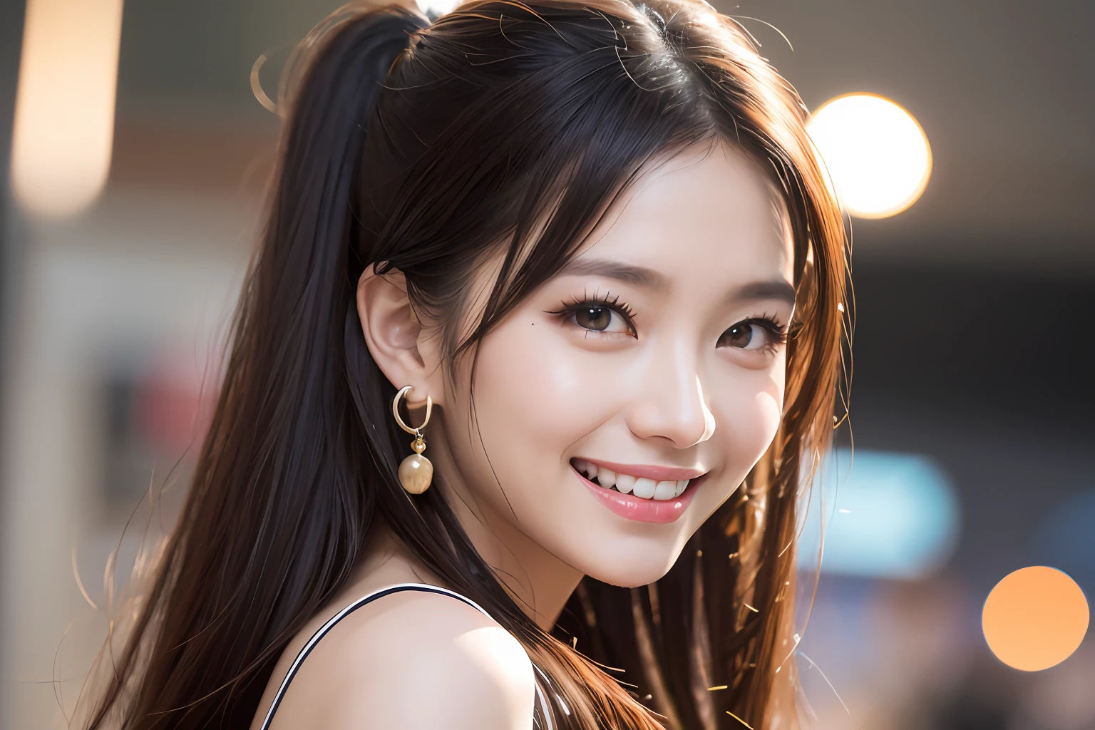 (8k, RAW Photography,best qulaity, high - resolution:1.1), (Hyperrealistic:1.4),(Realstic, photorealestic:1.3), The whole body is shown、All faces are in the picture、Walking、sand beach、seascapes、Small swimsuit、Black Micro Bikini、Sorrisos、Soft light,Large breast、The girls,realistic faces,Realistic body,lifelike skin,absurdress,The Masterpiece,(a Pretty:1.8), 独奏, (hugebreast:1.2), Detailed black eyes,Innocent eyes,blusher,Cinema Lights,Film Grain,jewelries,ear ring,Cherry-colored lips,pony-tail、slong hair、Open lips, Upper teeth, (smiling eyes:0.6), ((Grinning:1.2)),Depth-of-field, a blurry background, eyes focus, Bokeh,jung、professionally lit, jung,portrate,Photon Mapping,physics-based rendering