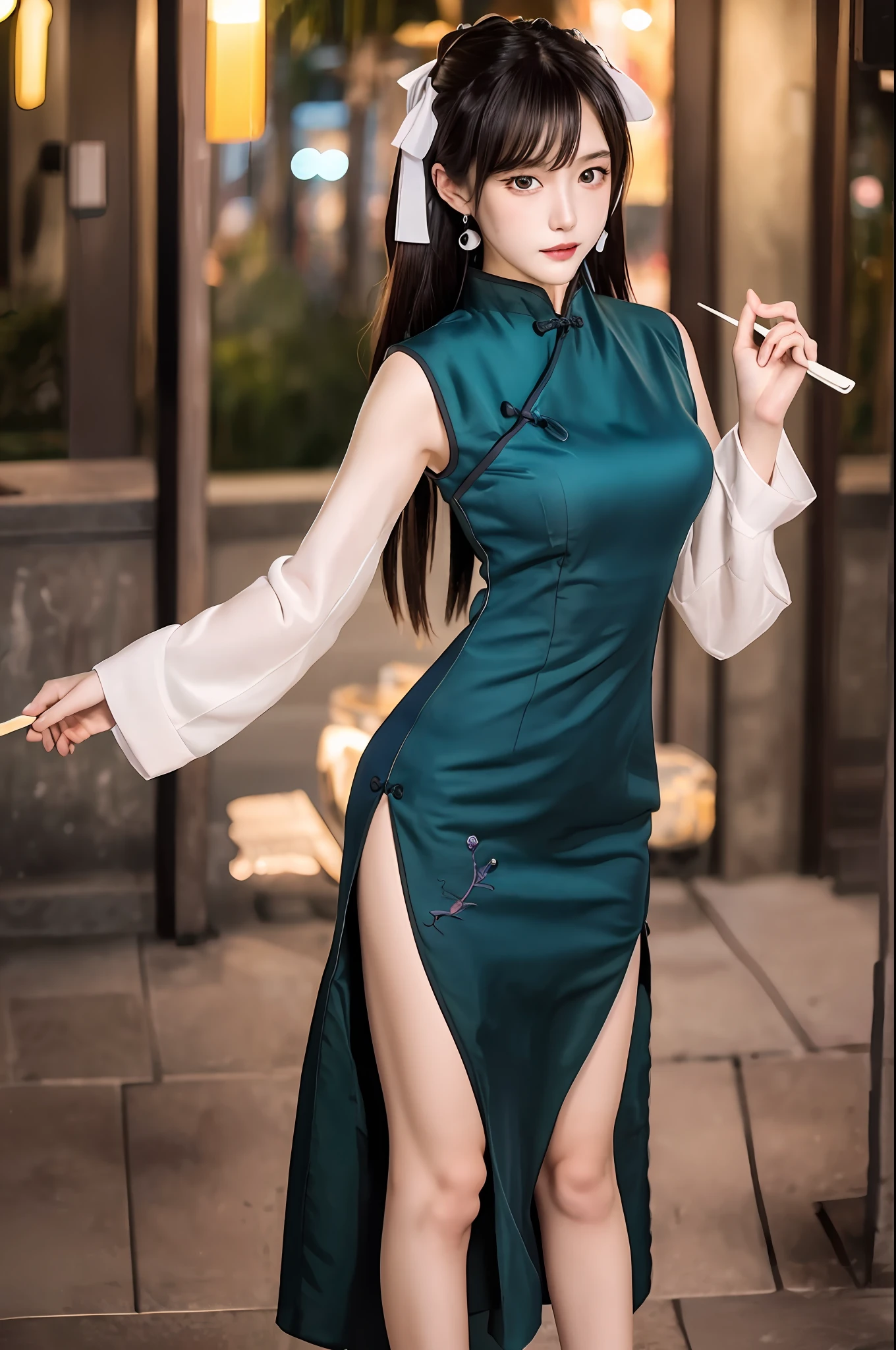 (goddess-like happiness:1.2), ulzzang-6500-v1.1, modelshot style,(RAW photo, photography, illustration, masterpiece, ultra detailed, top quality, official art, ultra detailed, CG, unity, 8k wallpaper, cinematic lighting, highres, original, extremely detailed 8k uhd, dslr, wallpaper), (photo-realistic:1.35), HDR, depth of field, floral print,  night cityscape, (1girl:1.6), long hair, beautiful girl with beautiful details, extremely detailed eyes and face, eyes with beautiful details, (sleeveless Qipao:1.5), (perfect shiny skin:0.6), slim and smooth lines, (floating), (medium breasts:1),  earrings ,