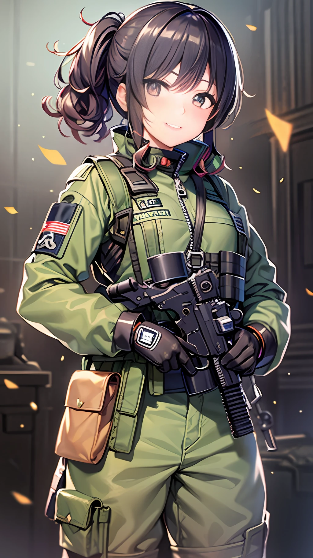 1girl in, Curly hair ponytail, gloves, guns, Military, Military mini chest rig, rifle,Full Customization, Deserted, 独奏, Upper body body_Body, arma,Too much magic modification time?
I can't stop grinning when I look at the viewer、巨作、the best quality、CQB Bose,Correct posture,splendid。Wearing a jacket full of military patches,