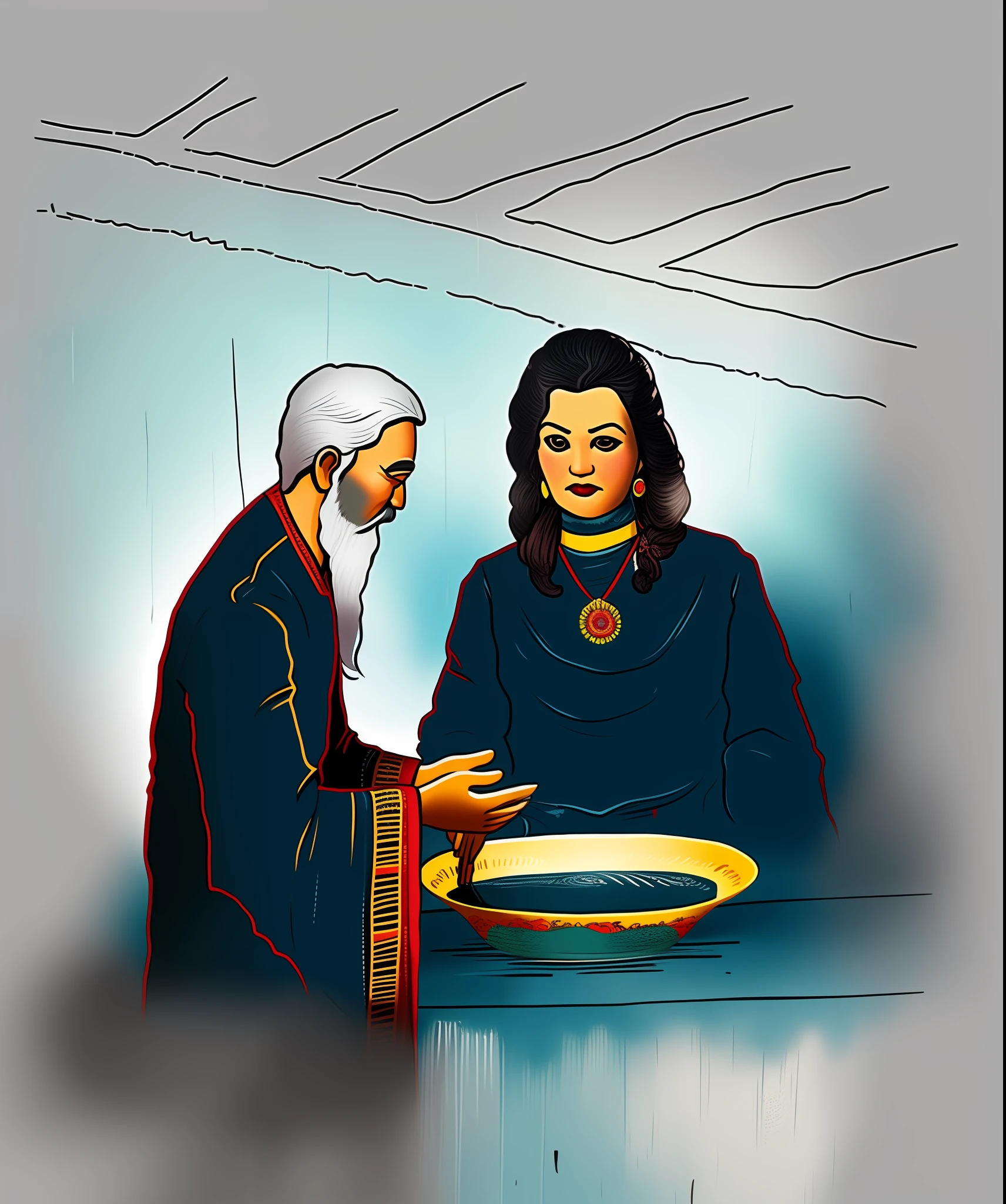 Blind box toy style, Drawing of a 40-year-old brunette woman and a Tibetan religious man with a long beard and white hair preparing water in a basin, templo religioso
