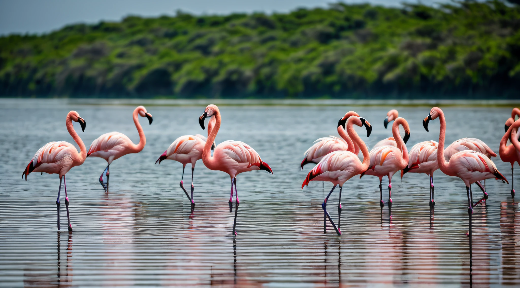 flamingos bem cor de rosa em um lago, atmospheric perspective, 8k, super detail, ccurate, best quality, super detail