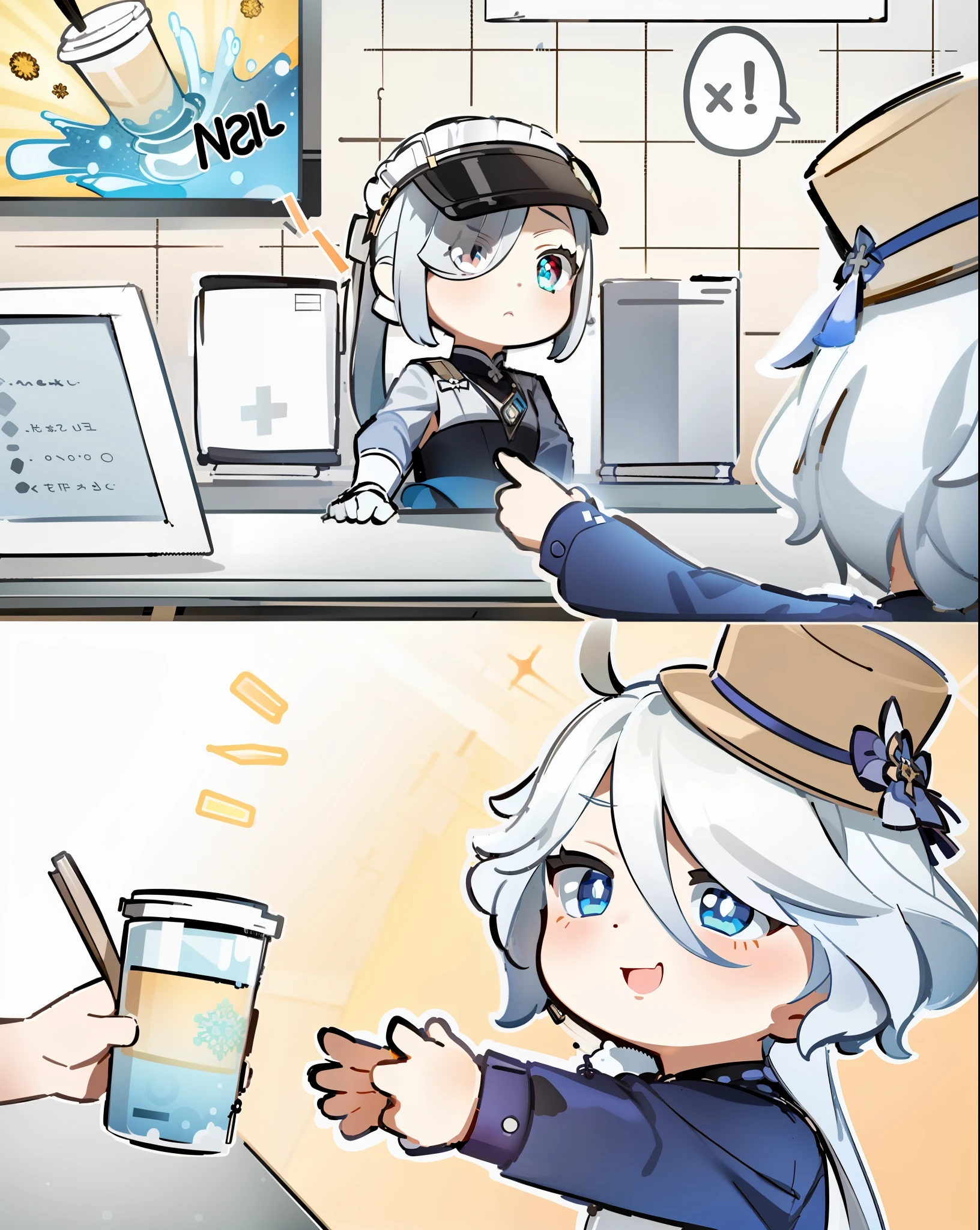 masterpiece, best quality, chibi, girl, solo, nahida_genshin, maid uniform, cross-shaped pupils, pointing