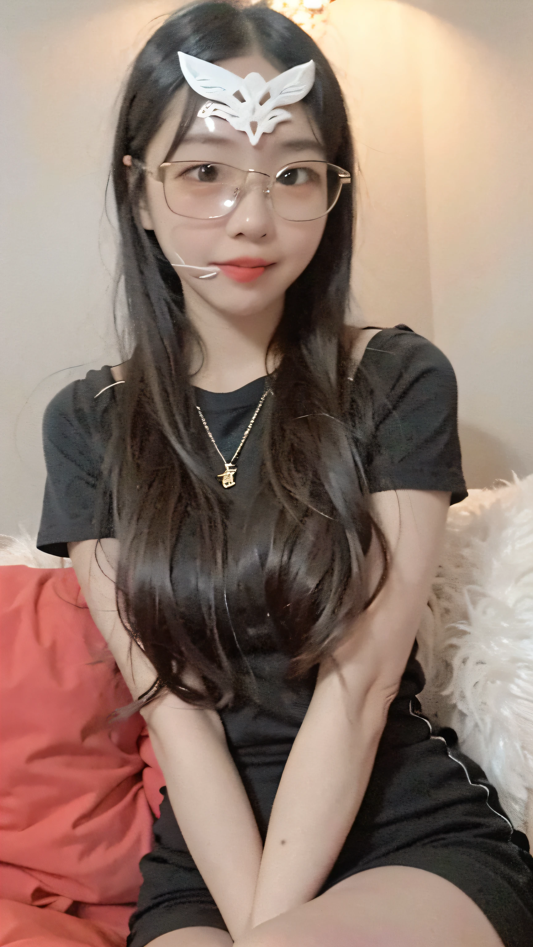 There was a woman with glasses sitting on a sofa,Wearing a white half-mask, chiho, With glasses, eye glass, wears glasses, very very low quality, Yoshitomo Nara, low quality photo, Without glasses, dang my linh, low quality, Girl with glasses, very low quality, inspirado por Kim Jeong-hui