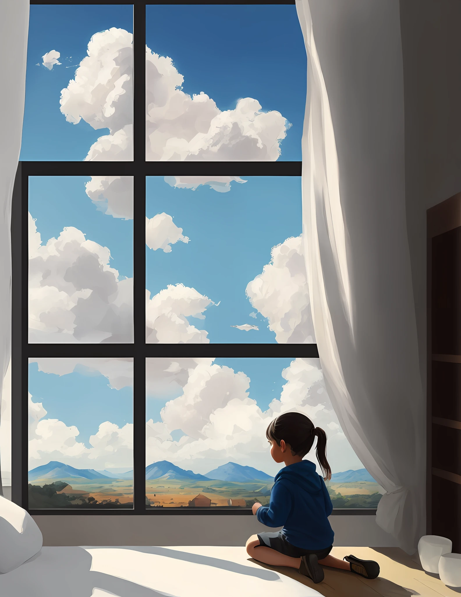 Painting of a child kneeling on a windowsill looking at clouds jutting into her room , The child on his knees is inside a room praying at the foot of the bed kneeling next to a window, ADorable pintura Digital, Arte infantil en ArtStation, Nubes de chicas, Mirando por la ventana, Pintura realista de chica linda, Mirando por la ventana, Mirando por una ventana, cerca de la ventana, nubes entrando por la ventana, Hermosa pintura digital, gorgeous digital painting