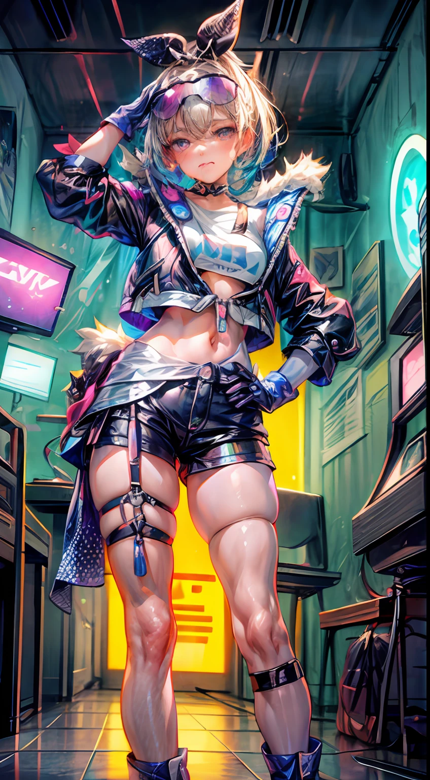 full body, 1girl, loli, solo, Eye focus,Masterfully crafted Glow, pink lens flare, Cinematic background,colourful, hyper details, hdr, ultra detailed eyes, mature, plump, rainbow painting drops,(supermodel:1.3), made up from paint, entirely paint, splat, splash, indoors, (bioluminescent hair:1.1),(glowing eyes),  ((makeup)), fierce, powerful, splashes of colour absolutely eye-catching, dynamic angle, beautiful detailed glow, ambient occlusion, ambient light, raytraced reflections, retro style, living arcade characters, arcade style world, gloves, jacket,weapon, shorts, black gloves, black jacket, gun, drill hair, black shorts, eyewear on head, bubble blowing, chewing gum, (Cute face:1.3),