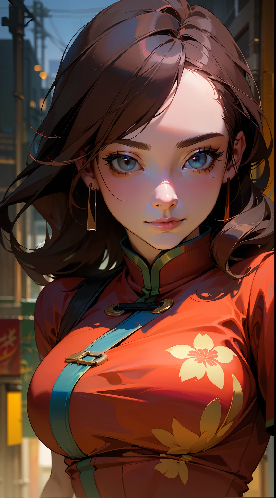 ((Realistic lighting, optimal quality, 8K, masterpaintings:1.3)),( sharp fokus:1.2), Girl Huge breasts, (Beautiful Women with Perfect Figure:1.4),Close-up strengthened,Slim:1.1, ((long and dark brown hair)),((length hair)) ,((ringlets)),(red-white qipao:1.4),(exteriors,during night:1.1),urban street,High-rise buildings and deep alleys,Ultra-fine face,Fine eyes,双眼皮,Close up of