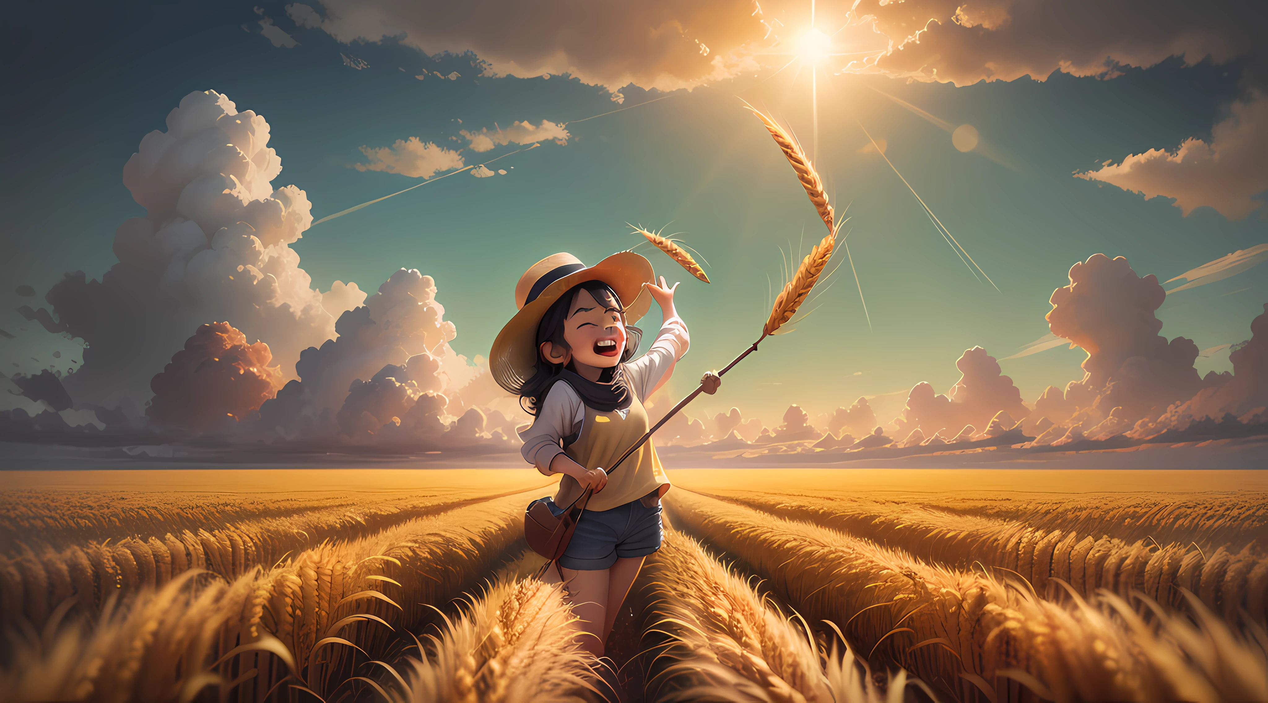 Make a solar term poster,A Chinese farmer harvests wheat, laughing very happily, rA field of golden wheat,In the style of Temmie Chang, warmtones, animated, Oil paintings, Fernando Amosoro, Lovely and colorful, Long and deep distances, High detail, High quality force